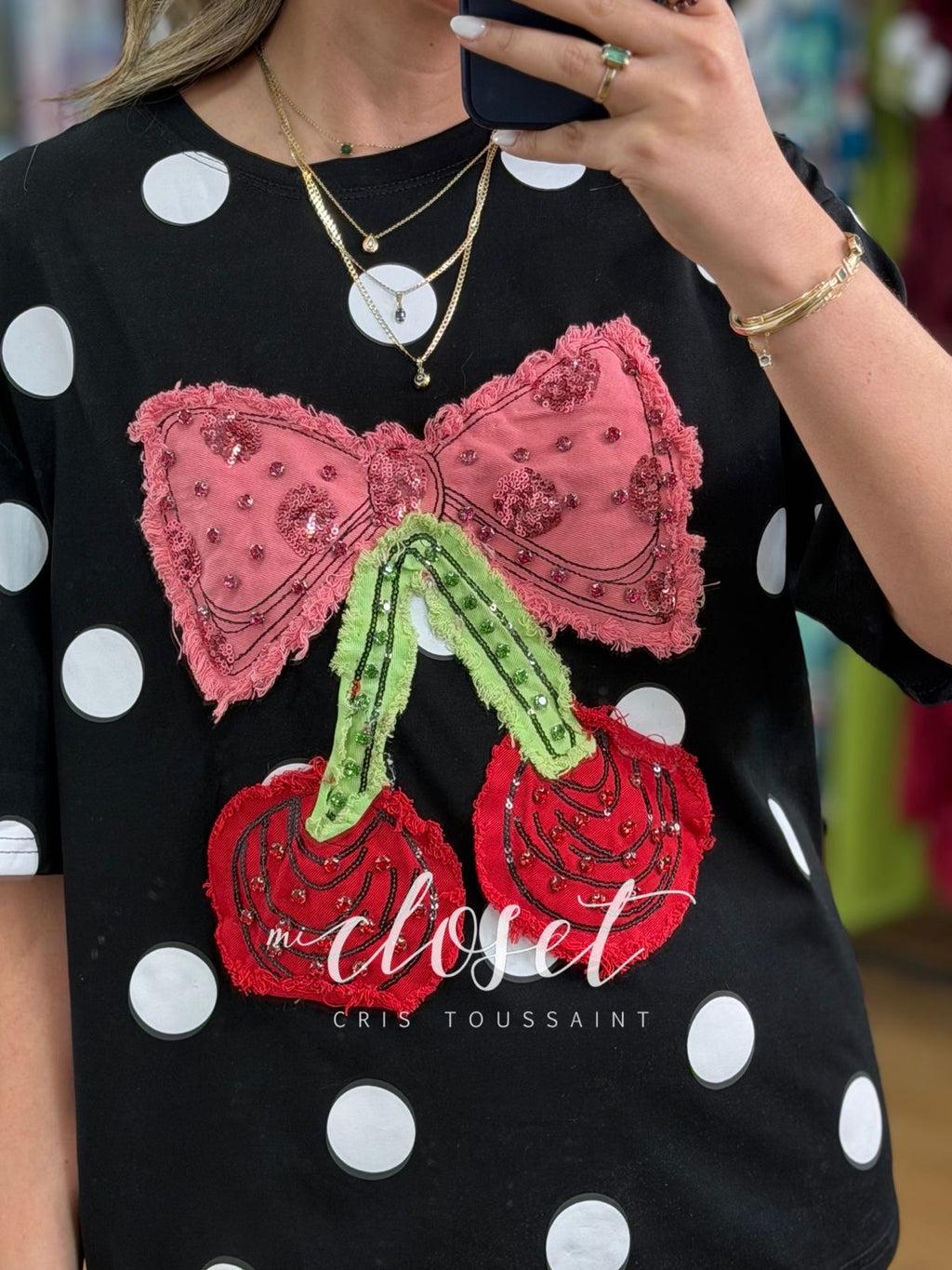 TEESHIRT OVERSIZED DE LUNARES CON PEDRERÍA Y LENTEJUELA