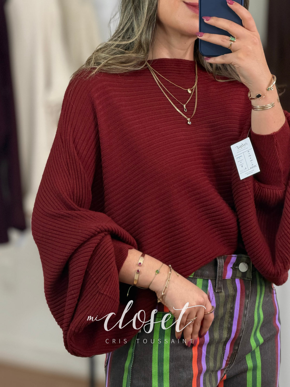 SWEATER MANGA MURCIÉLAGO CON TEXTURA DE LÍNEAS; SÚPER SUAVE