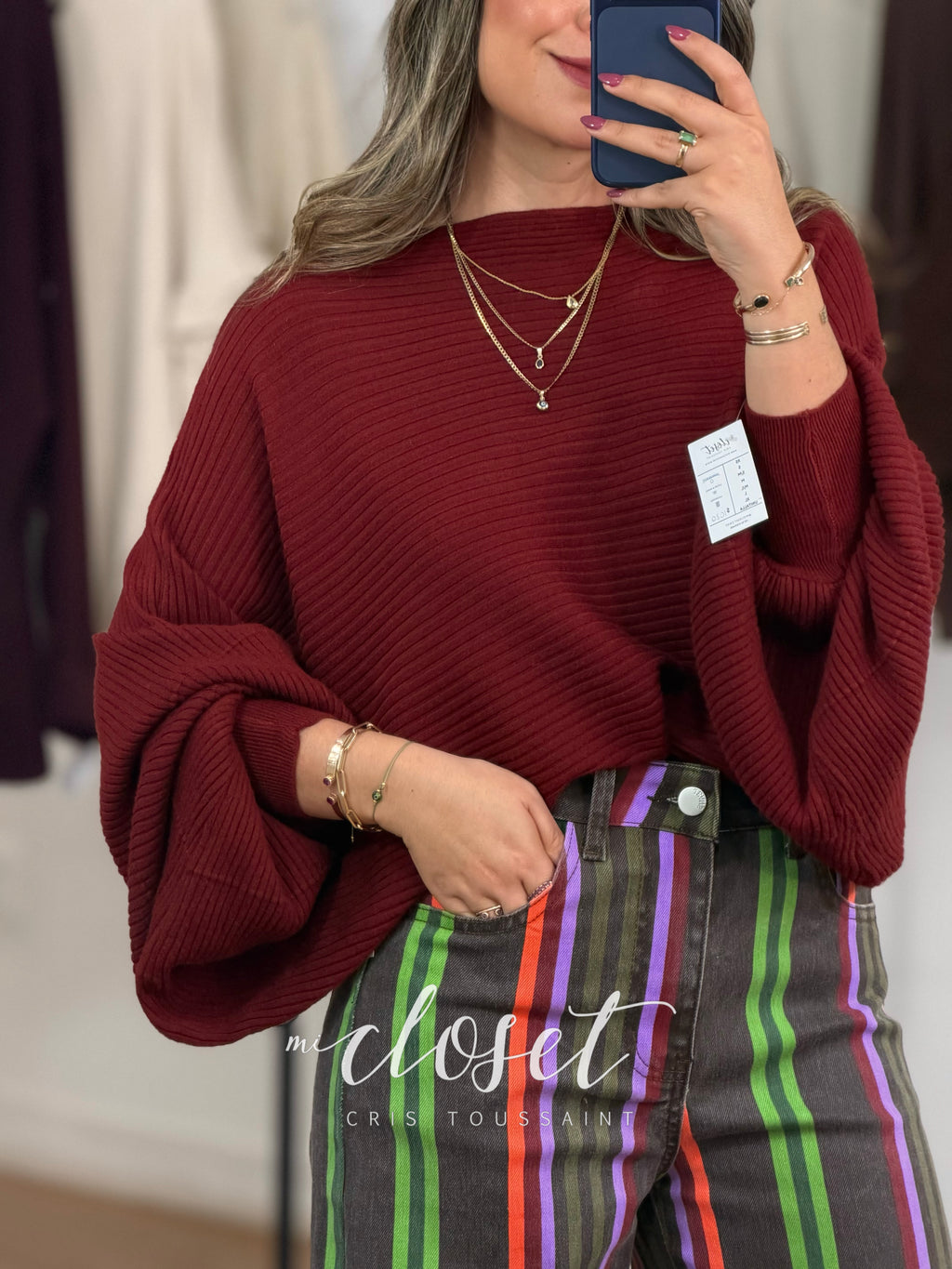 SWEATER MANGA MURCIÉLAGO CON TEXTURA DE LÍNEAS; SÚPER SUAVE