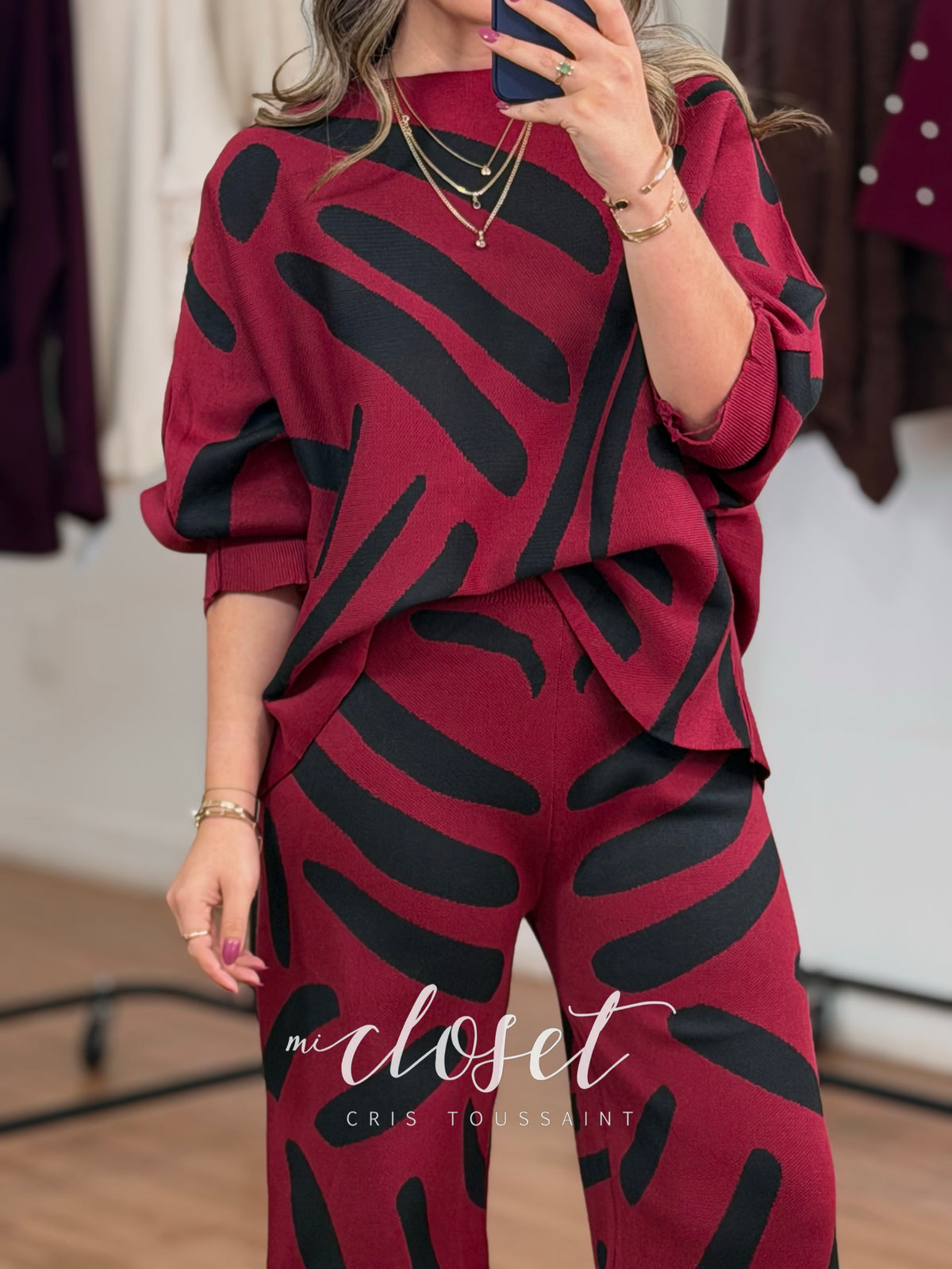 CONJUNTO SEMI GRUESO DE BLUSA OVERSIZED MANGA MURCIÉLAGO 3/4 Y PANTS CORTE WIDE LEG
