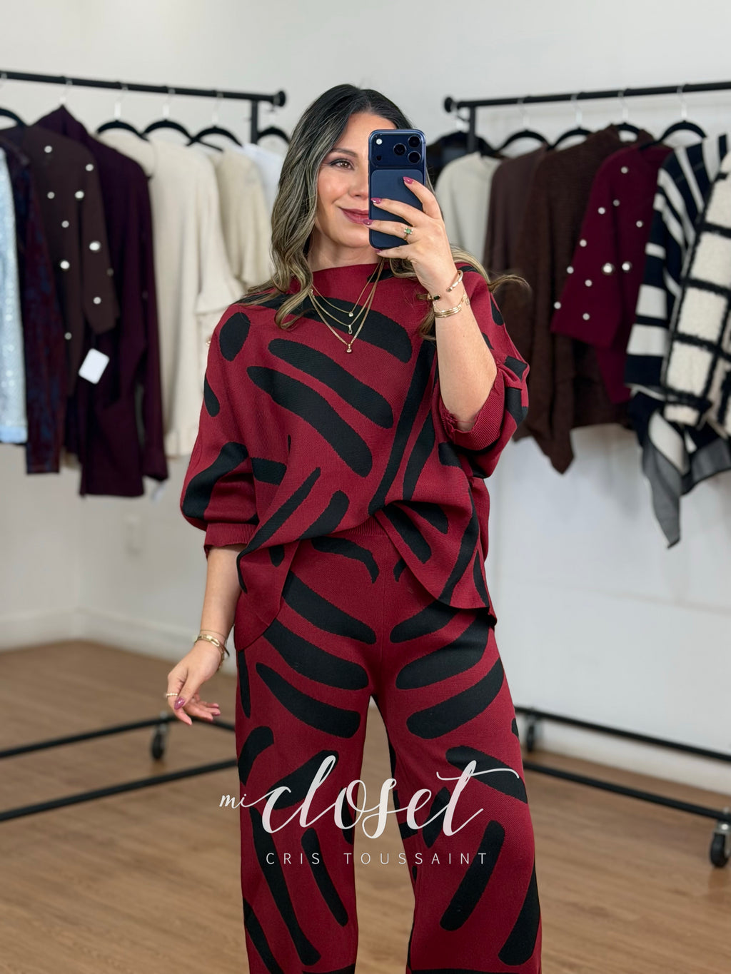 CONJUNTO SEMI GRUESO DE BLUSA OVERSIZED MANGA MURCIÉLAGO 3/4 Y PANTS CORTE WIDE LEG