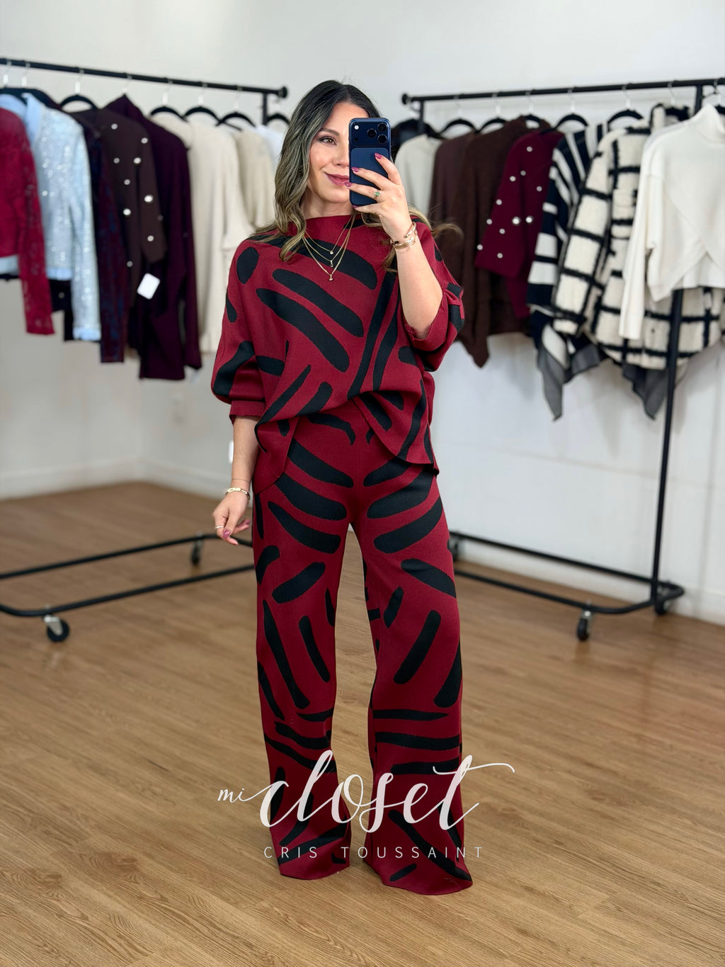 CONJUNTO SEMI GRUESO DE BLUSA OVERSIZED MANGA MURCIÉLAGO 3/4 Y PANTS CORTE WIDE LEG