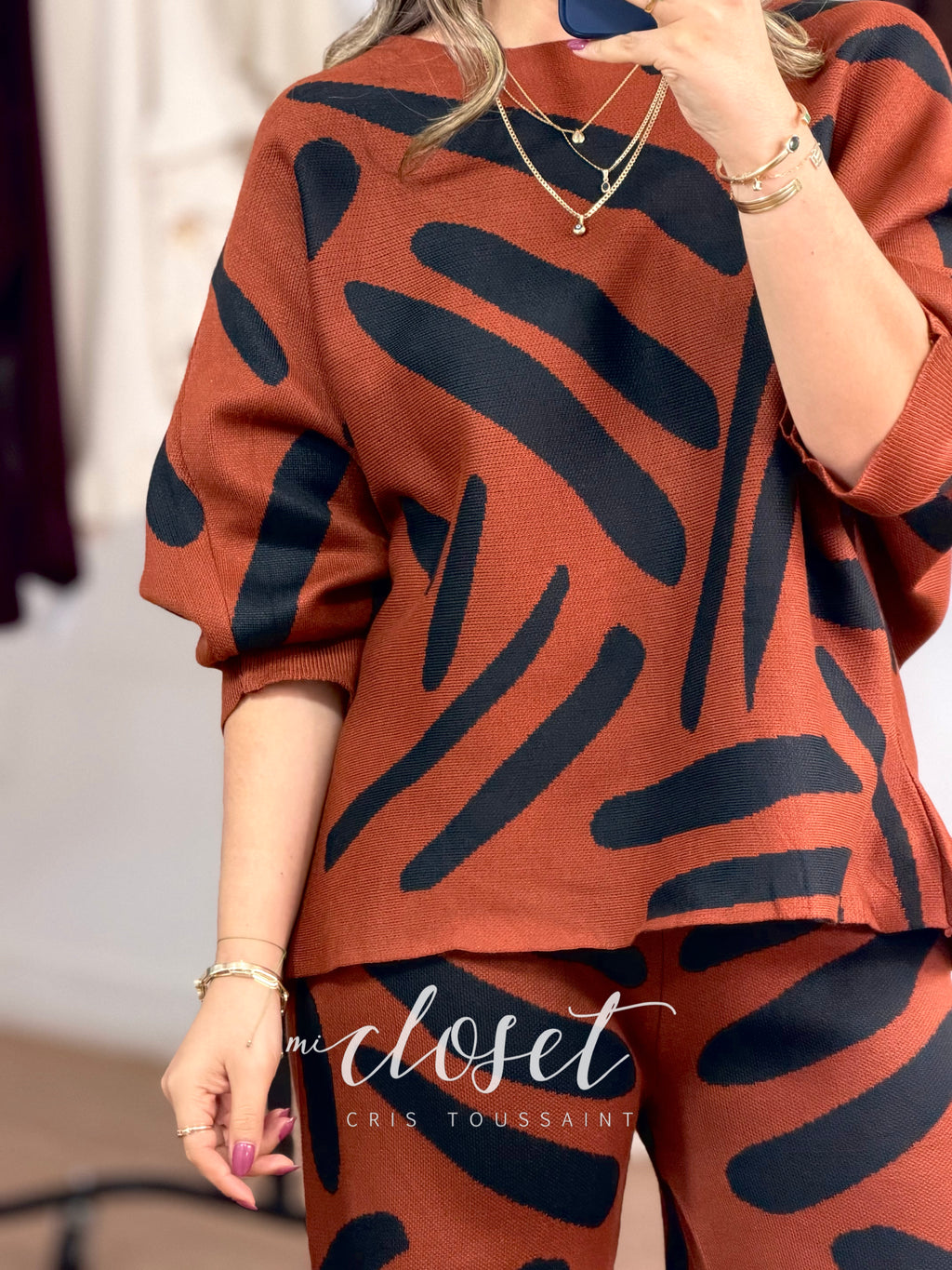 CONJUNTO SHEDRÓN SEMI GRUESO DE BLUSA OVERSIZED MANGA MURCIÉLAGO 3/4 Y PANTS CORTE WIDE LEG