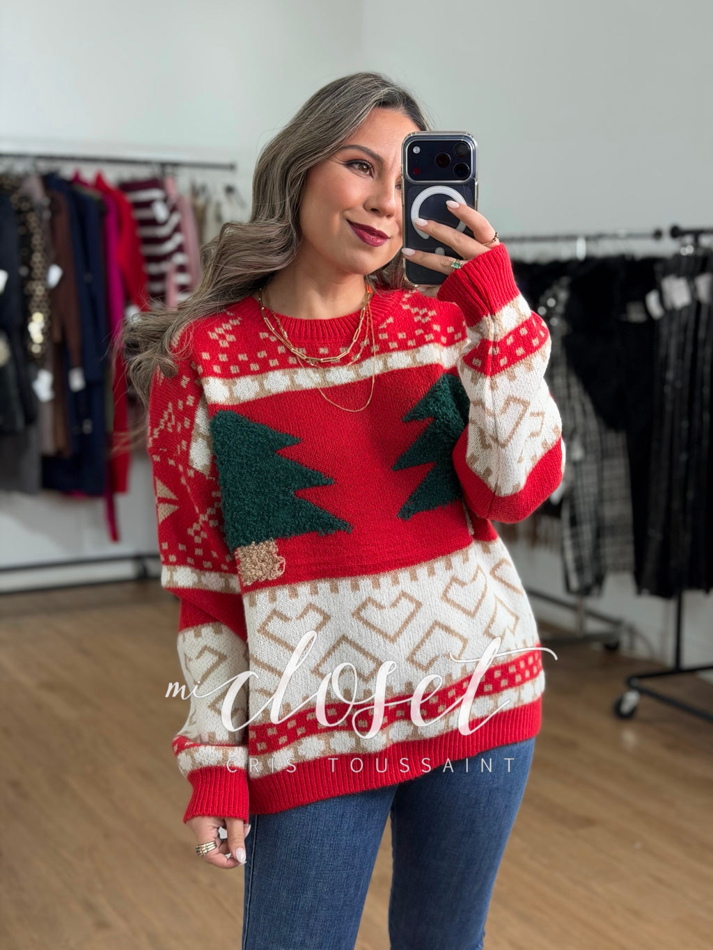 SWEATER NAVIDEÑO CON PINOS TEXTURIZADOS