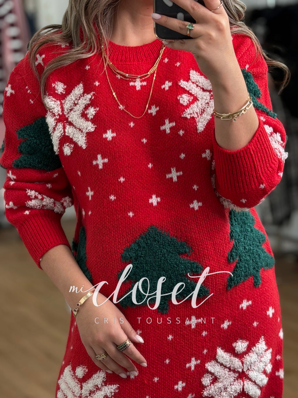 SWEATER NAVIDEÑO LARGO CON PINOS Y COPOS DE NIEVE TEXTURIZADOS