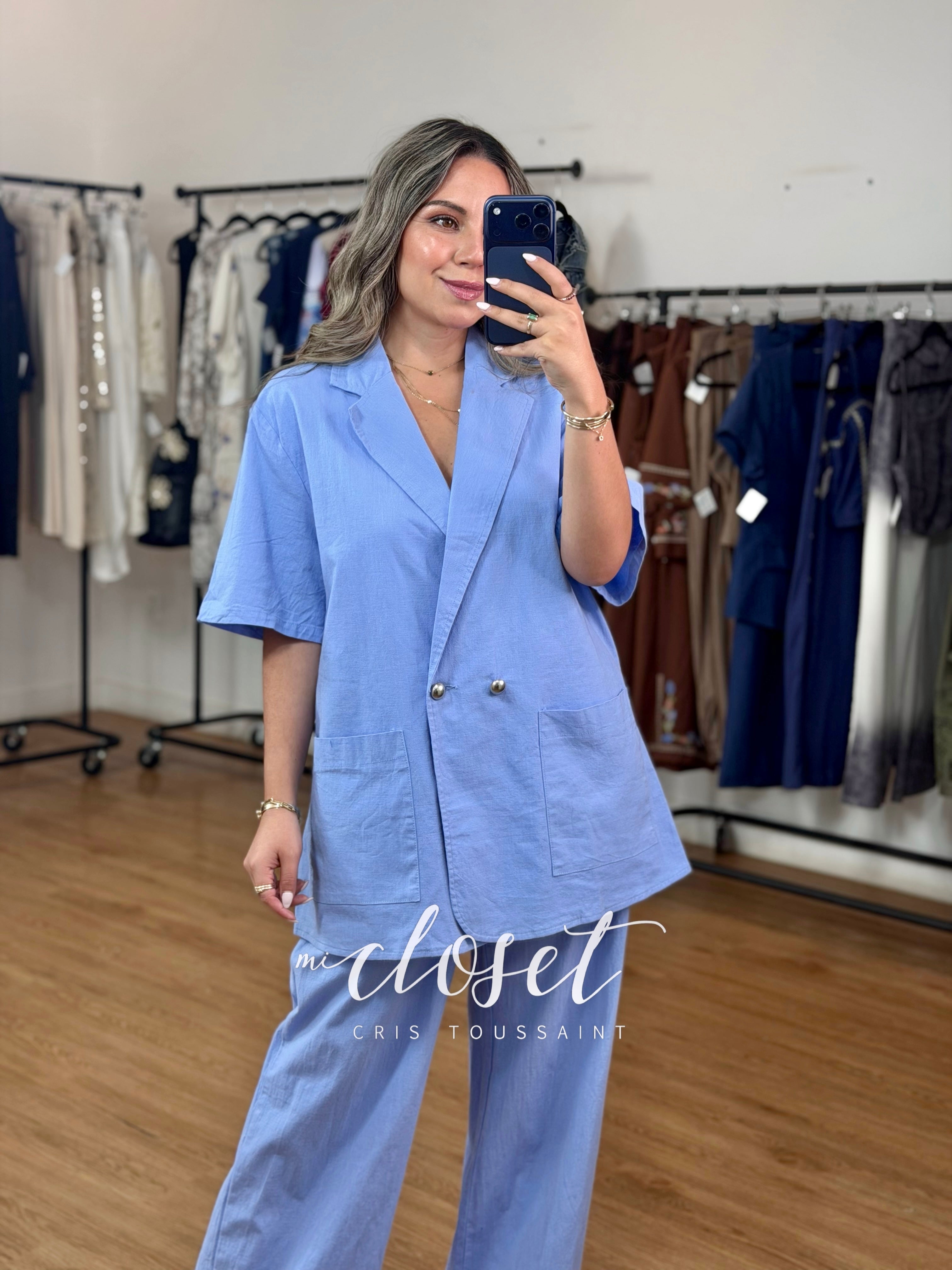 CONJUNTO LIGERO TIPO LINO, CON BLAZER OVERSIZED MANGA CORTA Y PANTALÓN