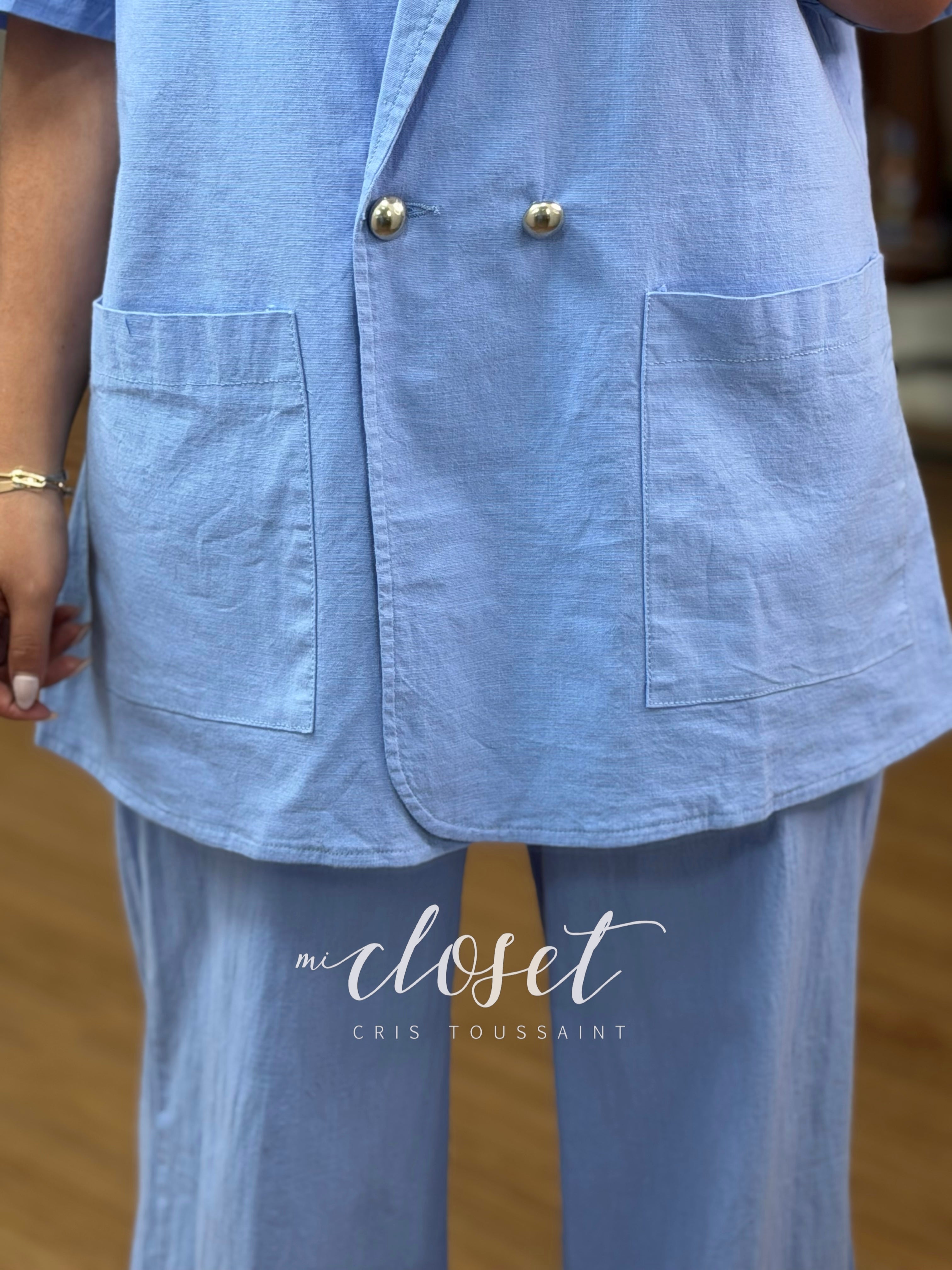 CONJUNTO LIGERO TIPO LINO, CON BLAZER OVERSIZED MANGA CORTA Y PANTALÓN