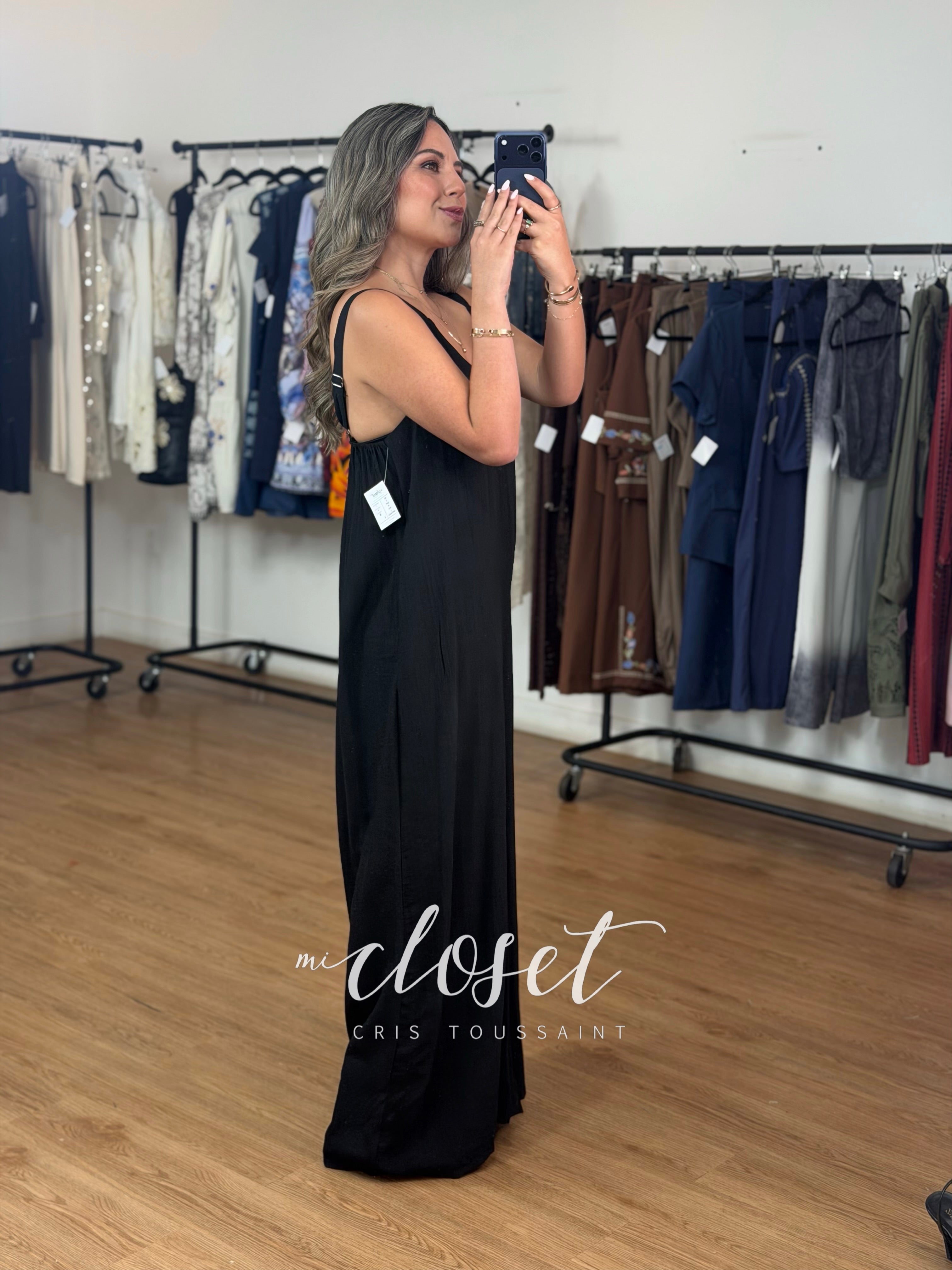 JUMPSUIT MONO LARGO TIPO LINO CON TIRANTES AJUSTABLES Y BOLSAS