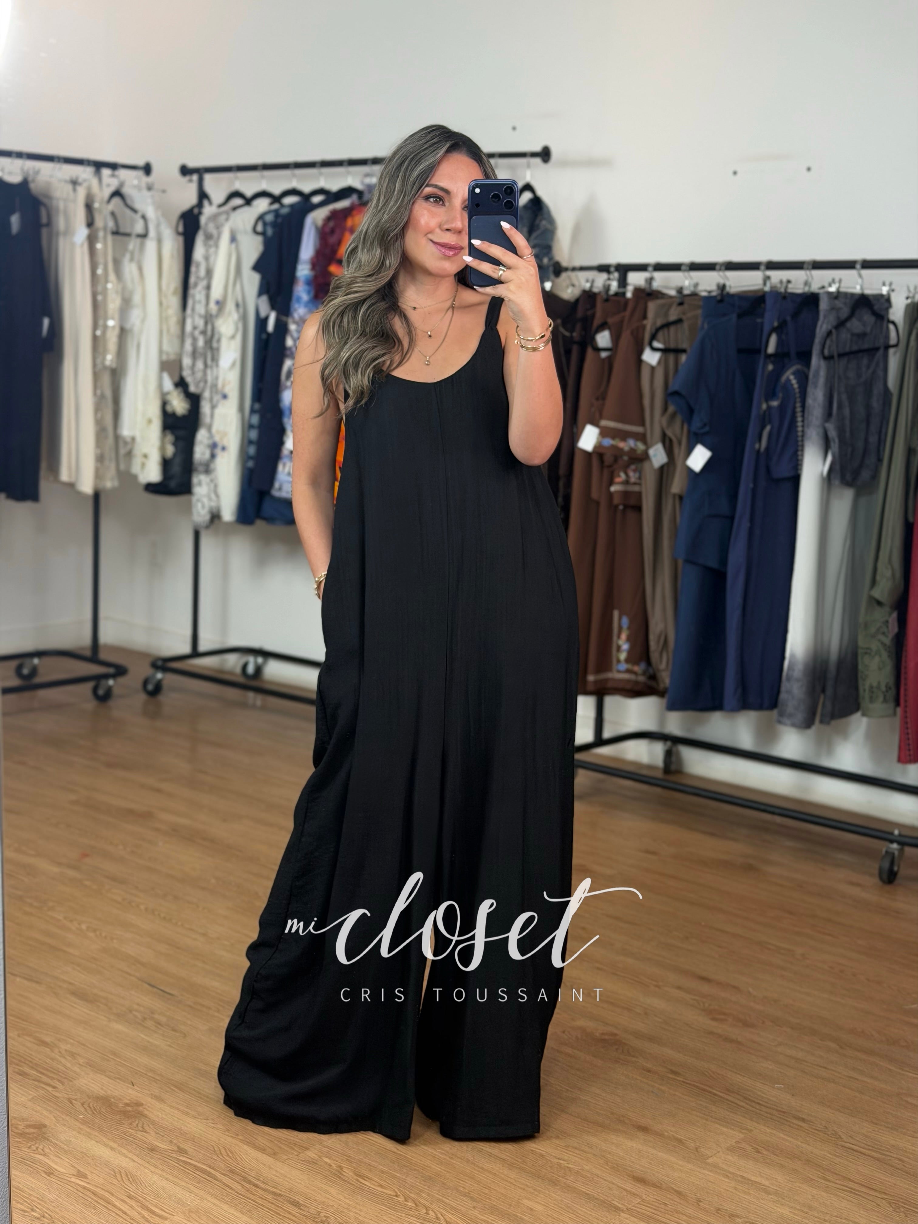 JUMPSUIT MONO LARGO TIPO LINO CON TIRANTES AJUSTABLES Y BOLSAS