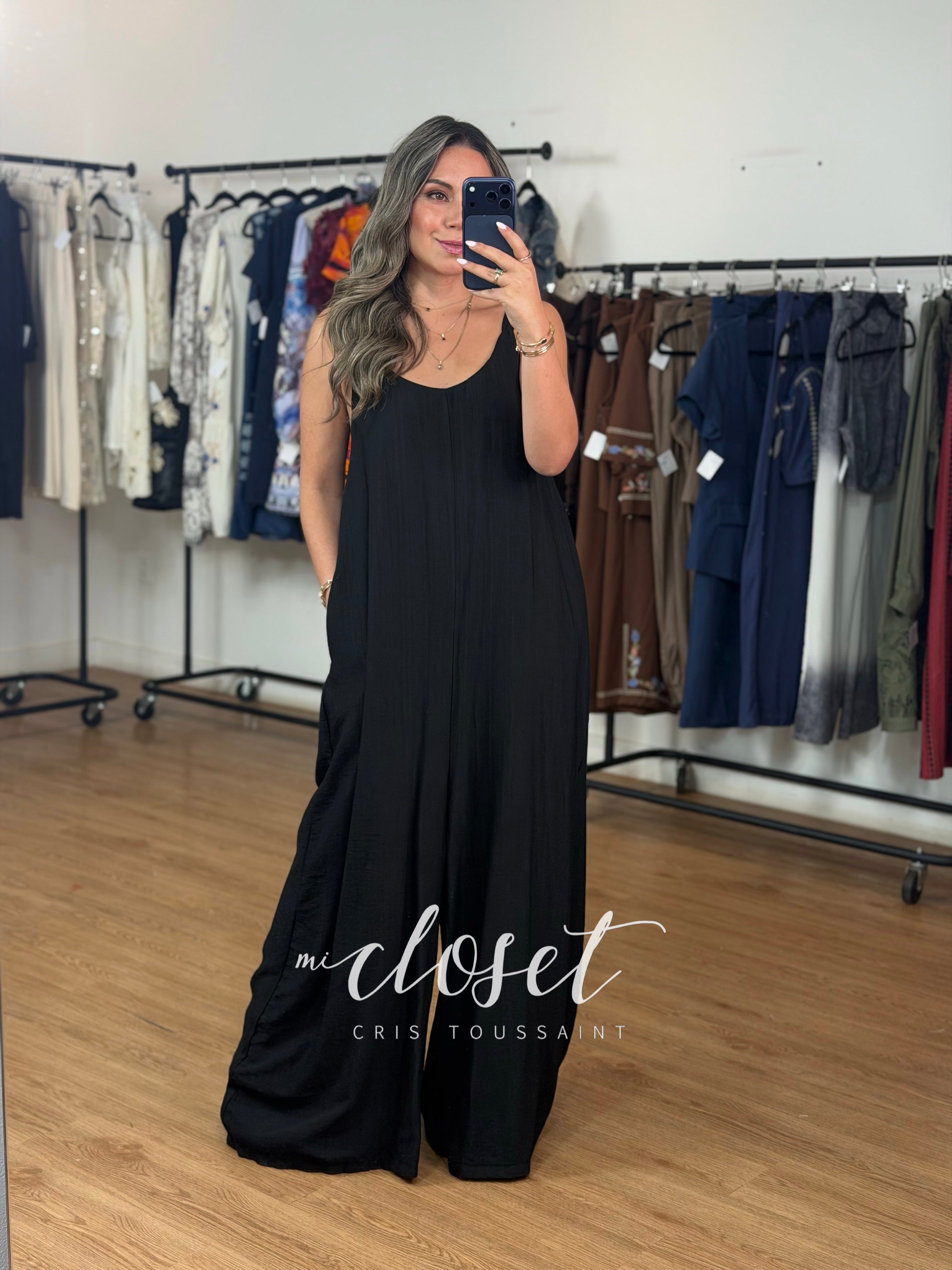 JUMPSUIT MONO LARGO TIPO LINO CON TIRANTES AJUSTABLES Y BOLSAS