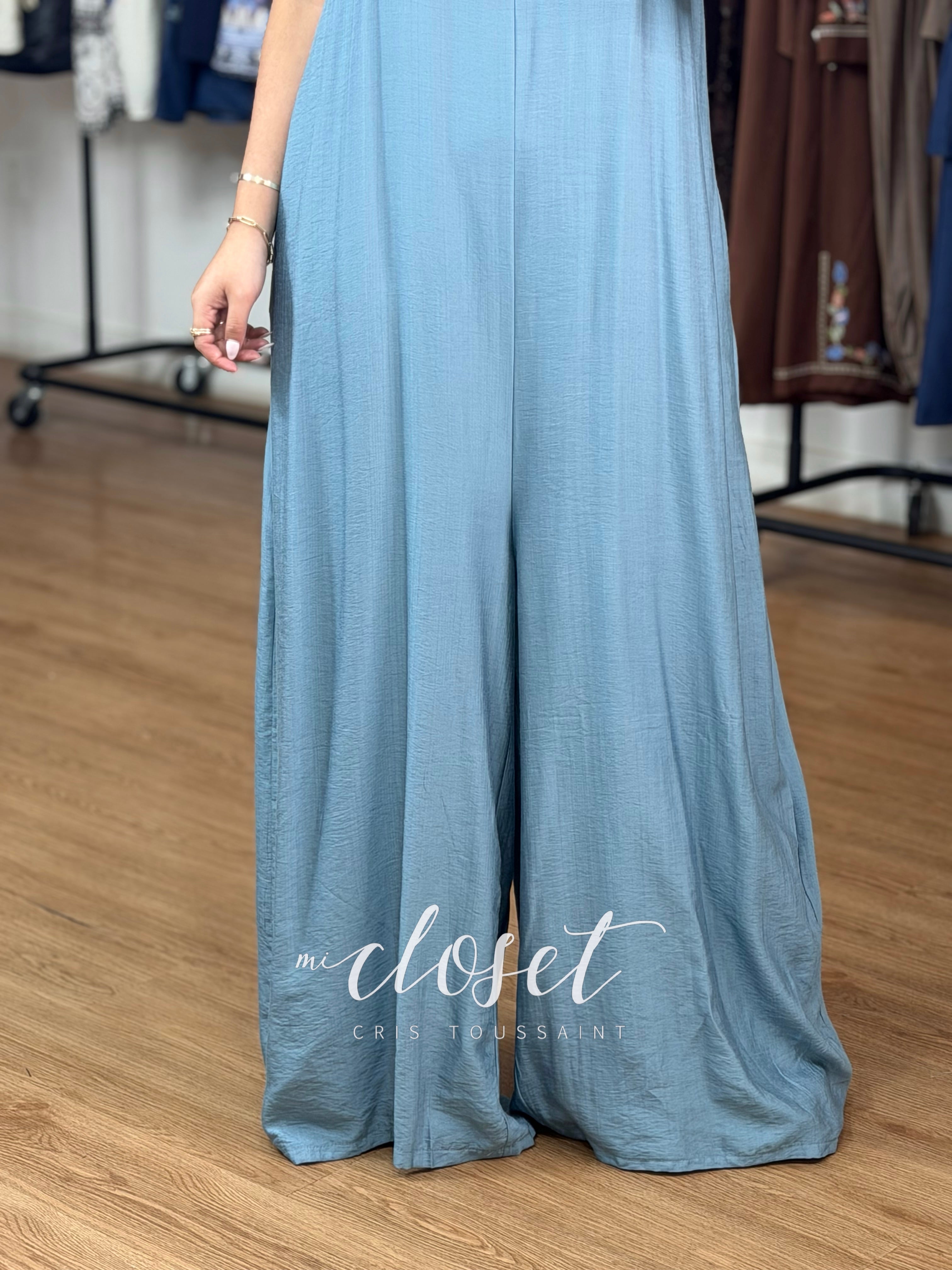 JUMPSUIT MONO LARGO TIPO LINO CON TIRANTES AJUSTABLES Y BOLSAS