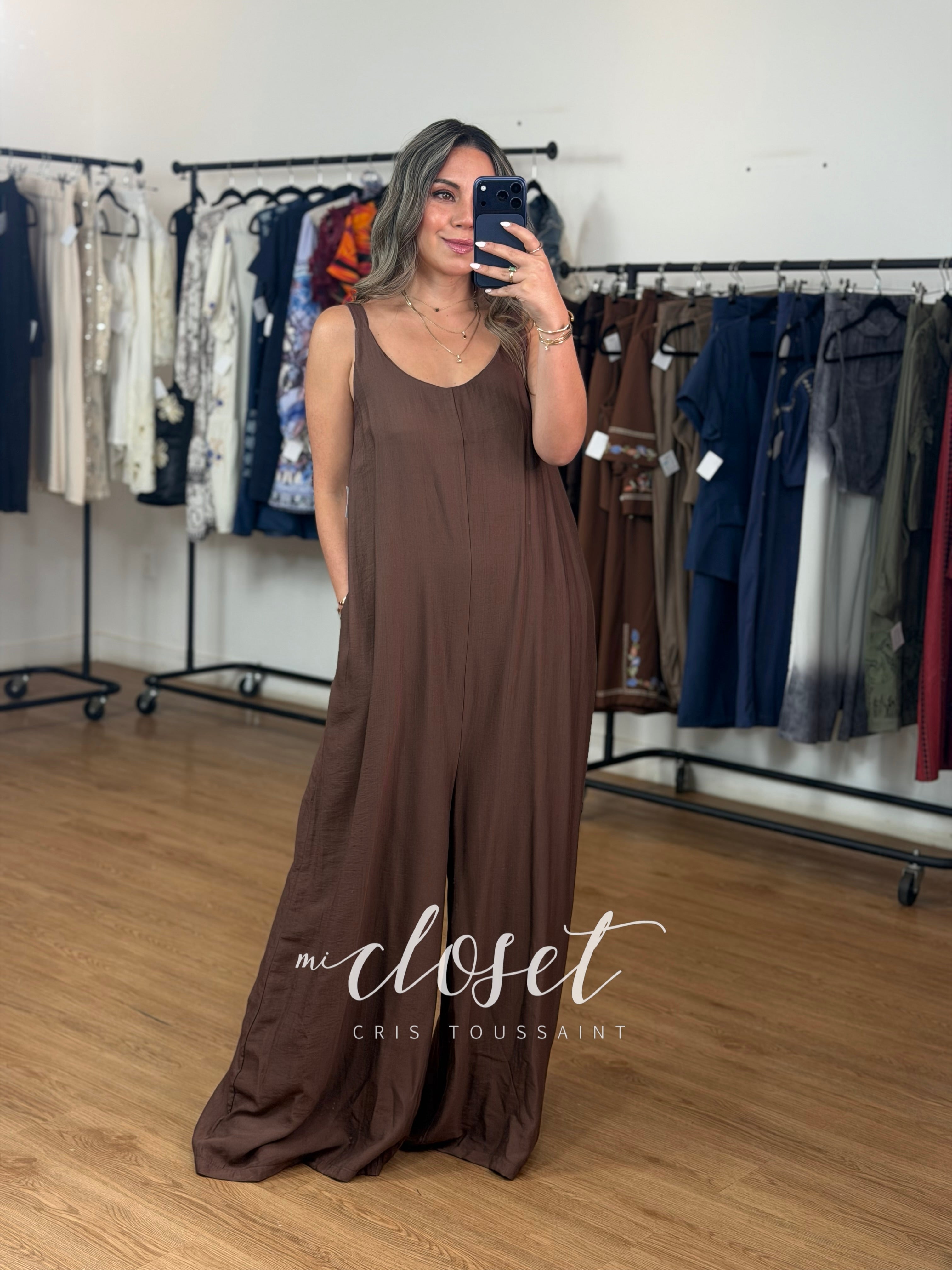 JUMPSUIT MONO LARGO TIPO LINO CON TIRANTES AJUSTABLES Y BOLSAS