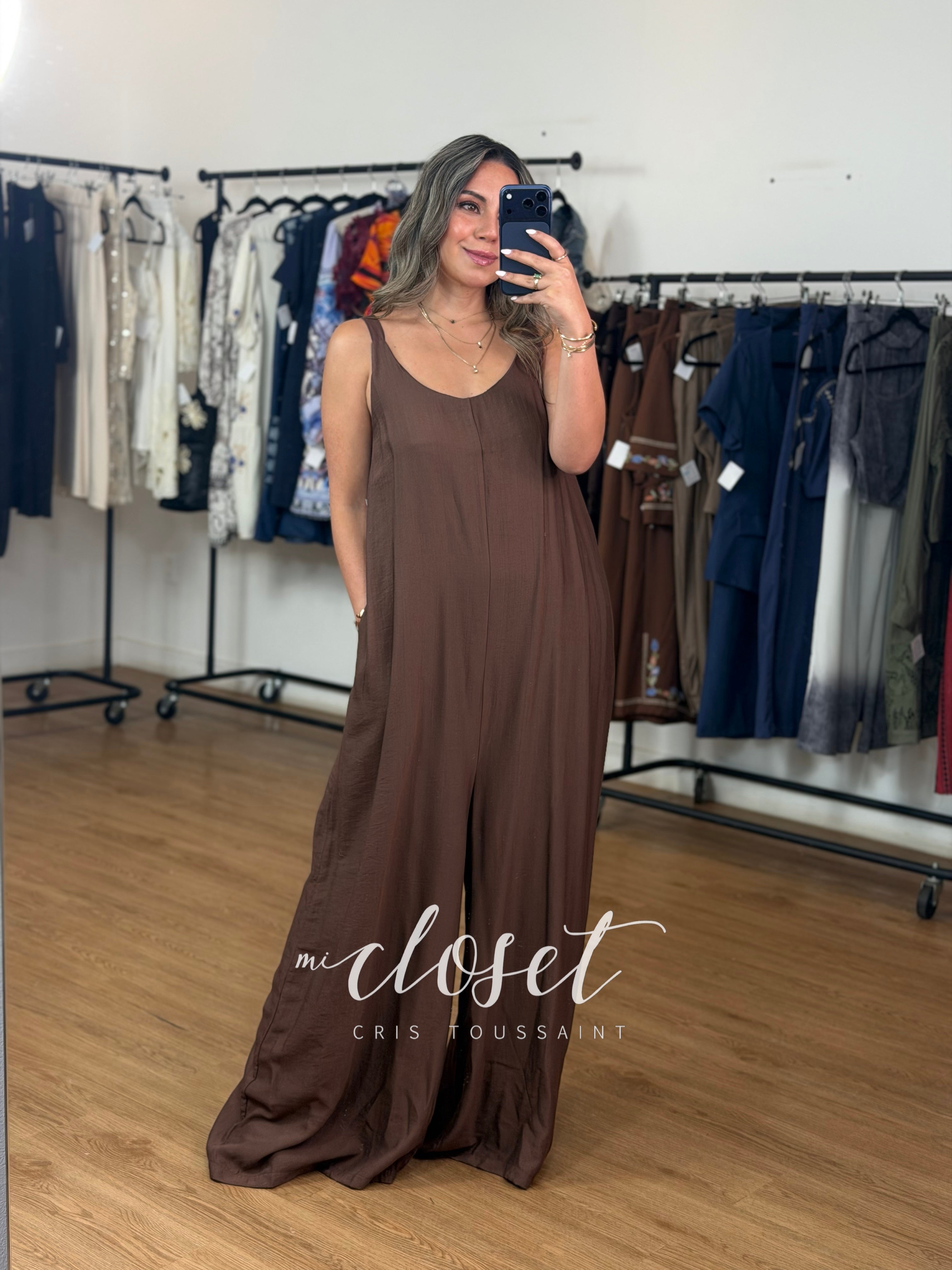 JUMPSUIT MONO LARGO TIPO LINO CON TIRANTES AJUSTABLES Y BOLSAS