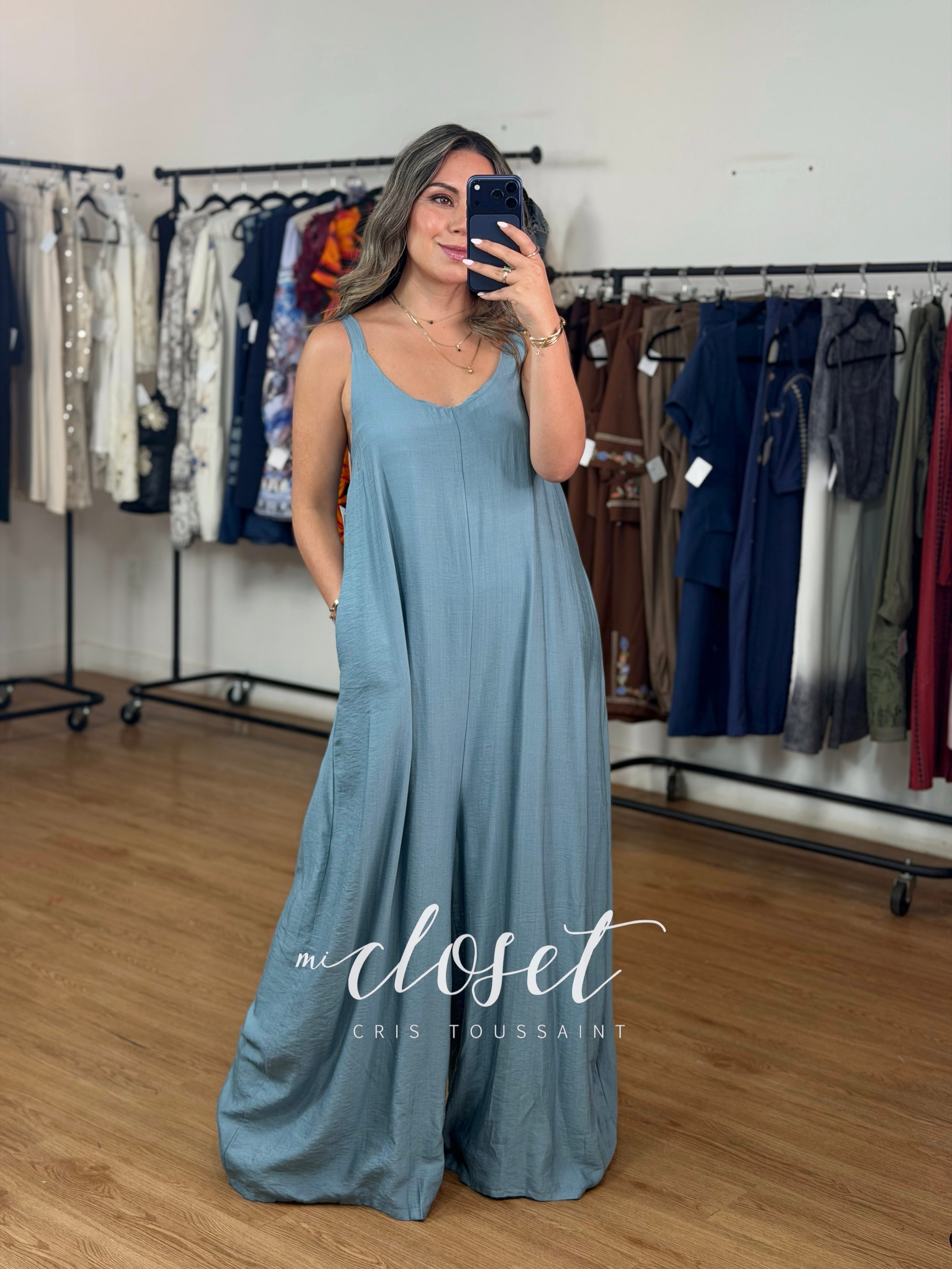 JUMPSUIT MONO LARGO TIPO LINO CON TIRANTES AJUSTABLES Y BOLSAS