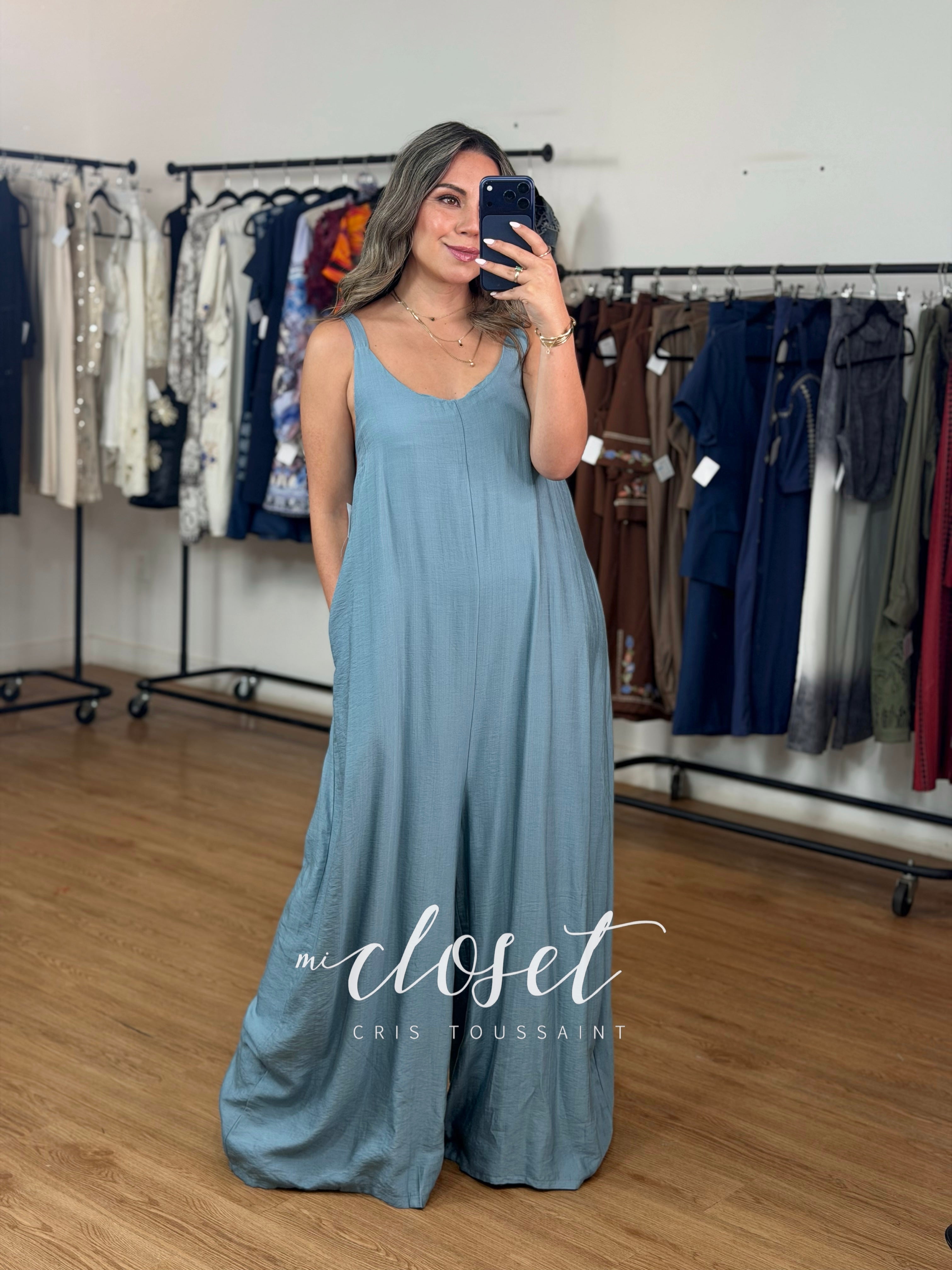 JUMPSUIT MONO LARGO TIPO LINO CON TIRANTES AJUSTABLES Y BOLSAS