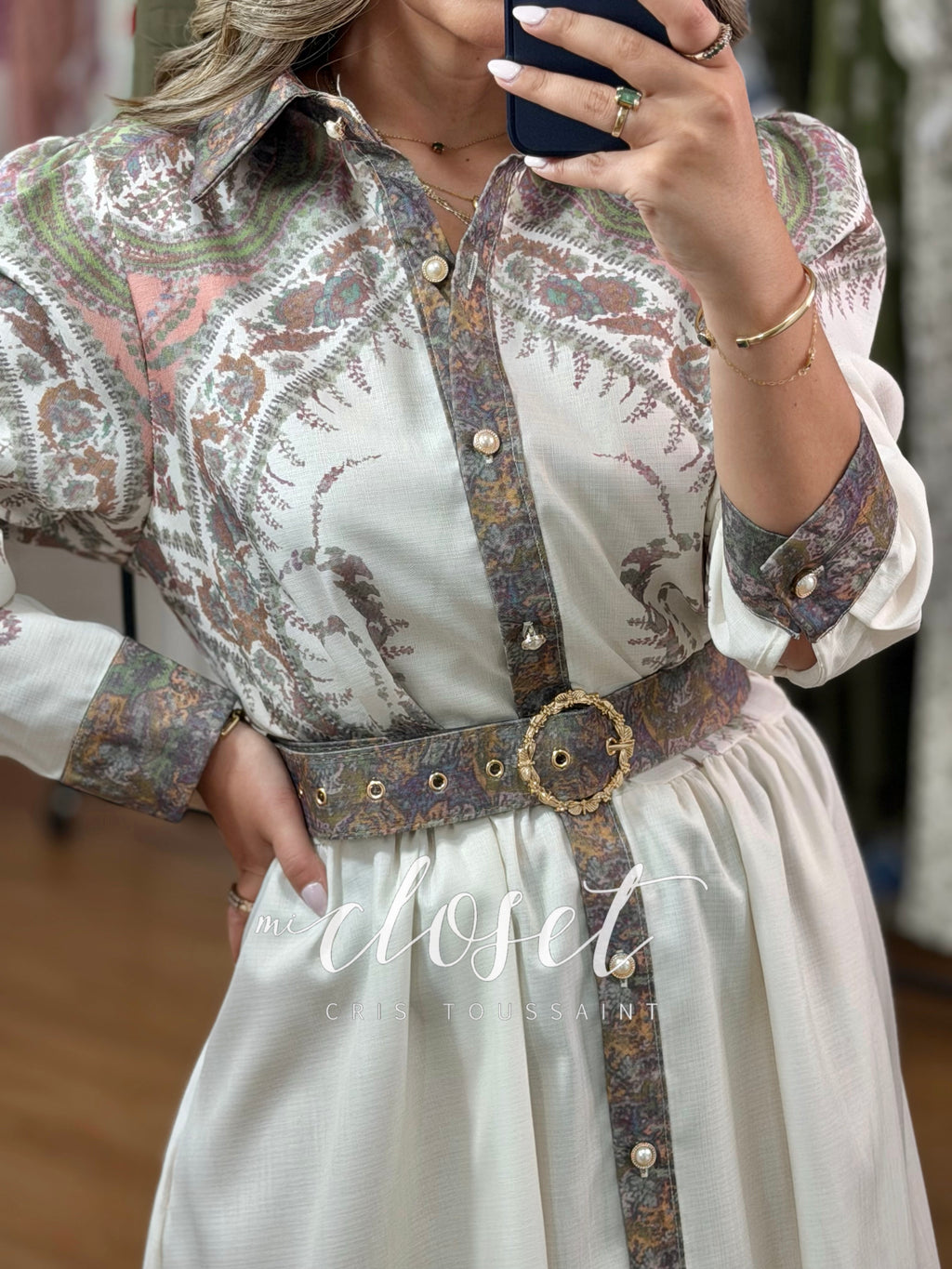 VESTIDO MANGA GLOBO CON ESTAMPADO (CON CINTURÓN Y BOLSAS)