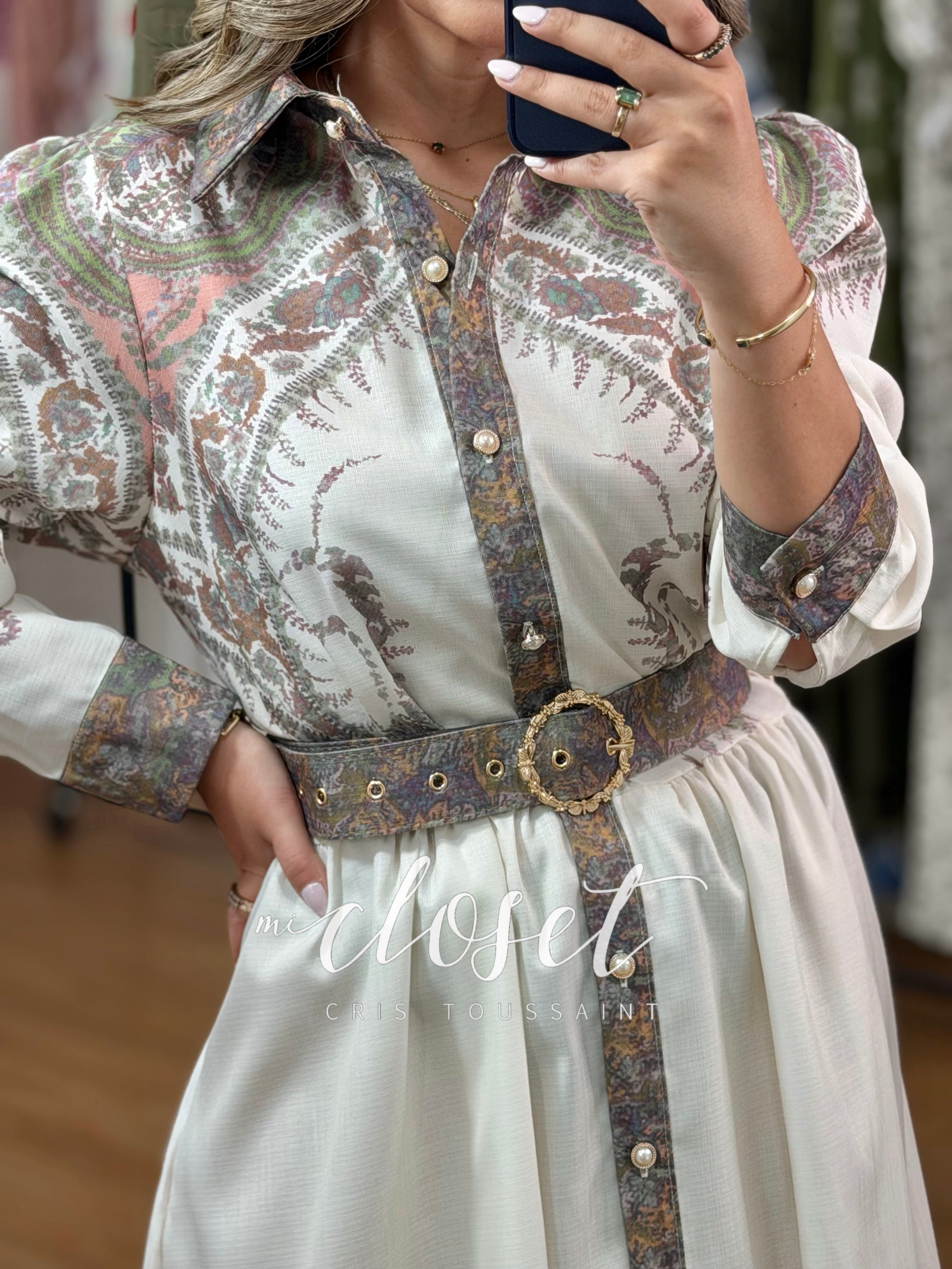 VESTIDO MANGA GLOBO CON ESTAMPADO (CON CINTURÓN Y BOLSAS)
