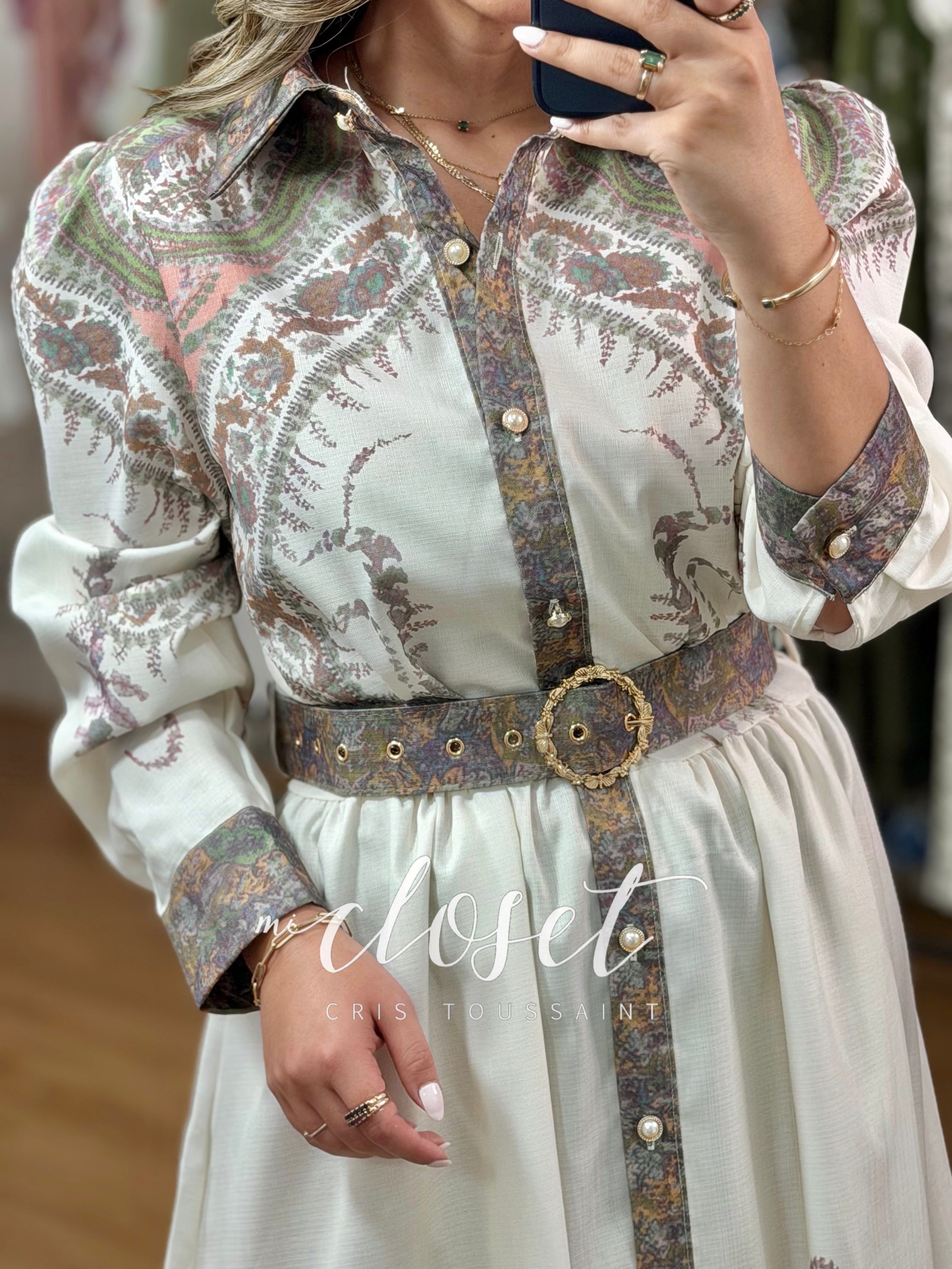 VESTIDO MANGA GLOBO CON ESTAMPADO (CON CINTURÓN Y BOLSAS)