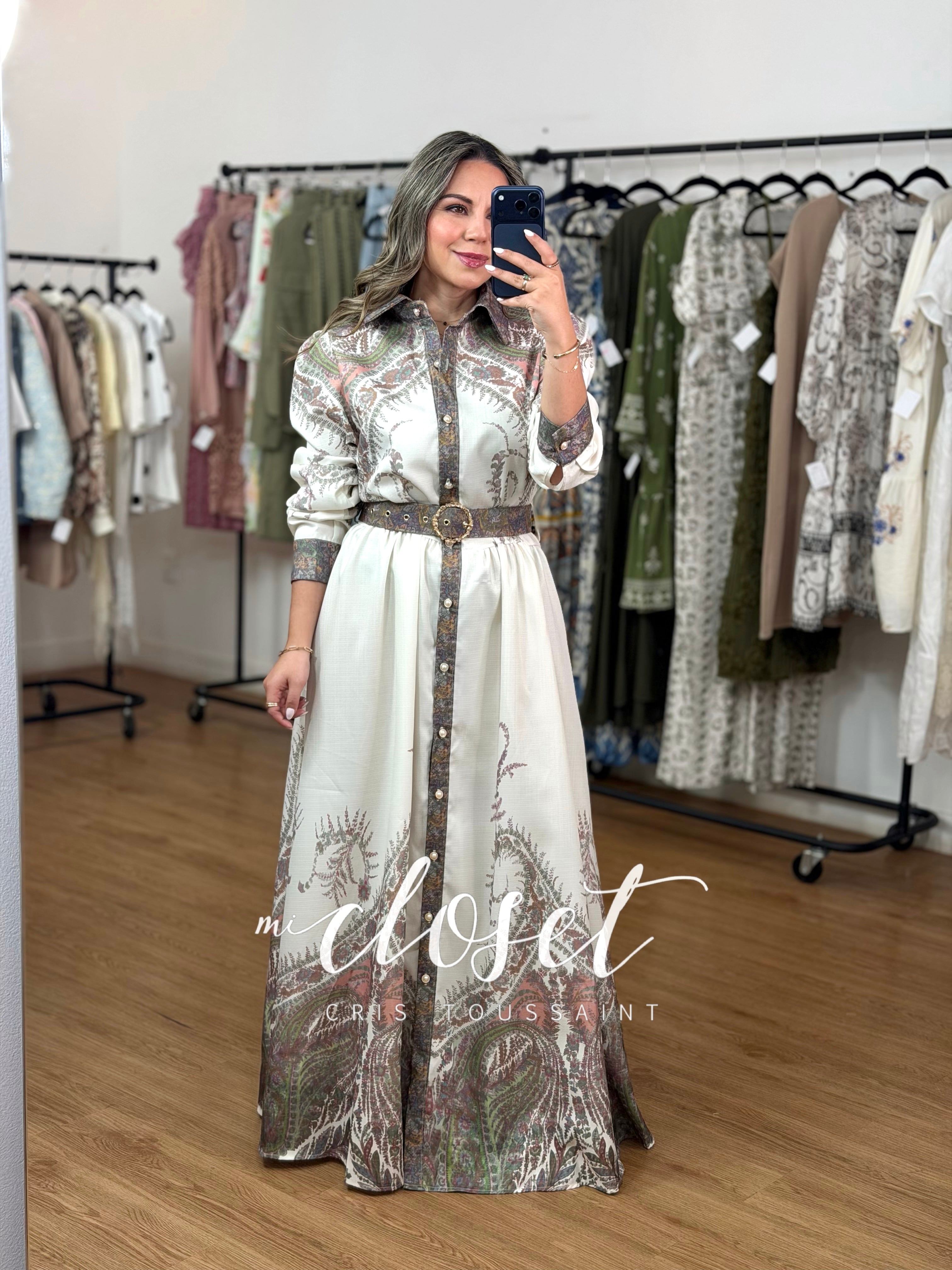 VESTIDO MANGA GLOBO CON ESTAMPADO (CON CINTURÓN Y BOLSAS)