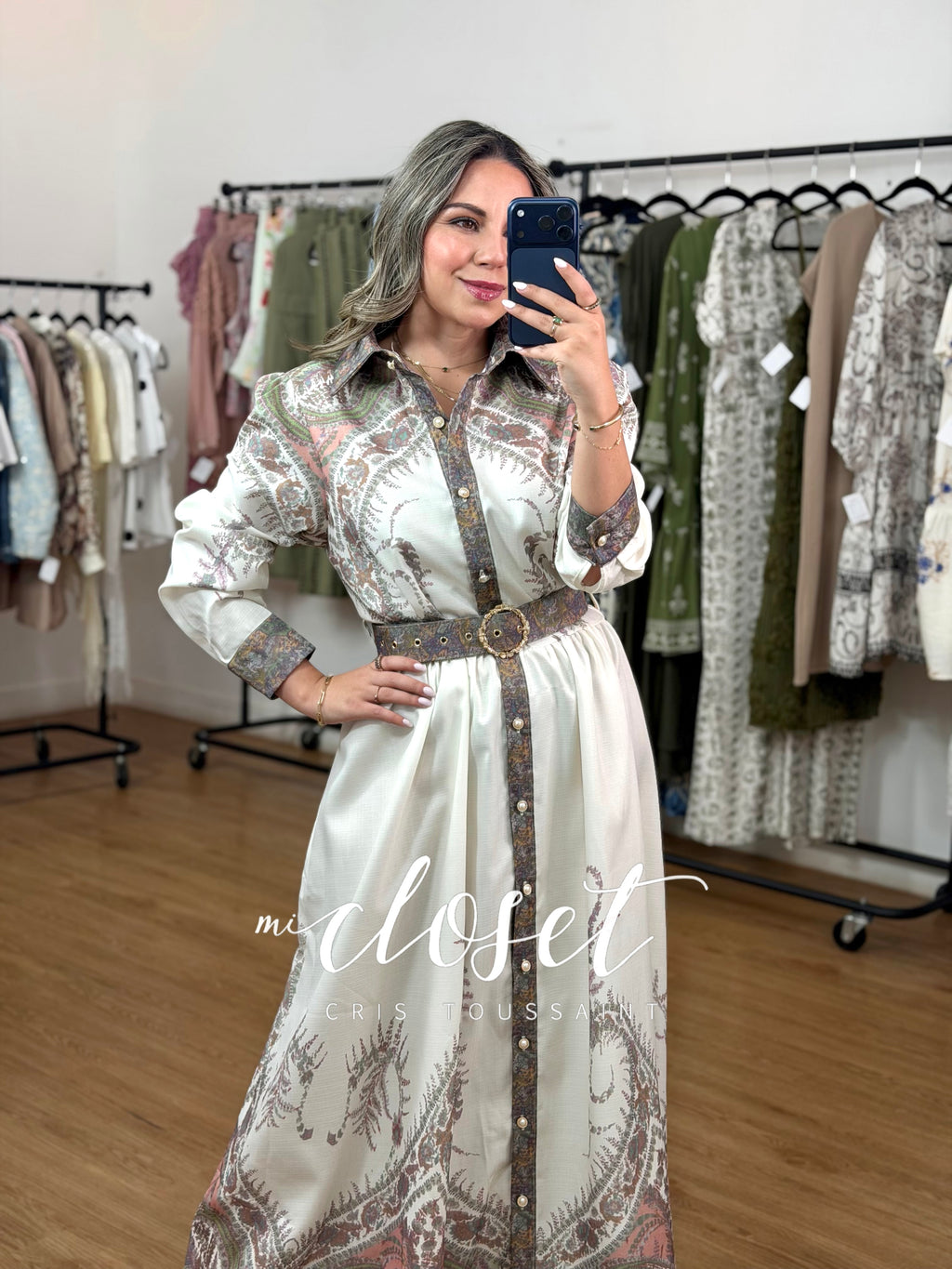 VESTIDO MANGA GLOBO CON ESTAMPADO (CON CINTURÓN Y BOLSAS)