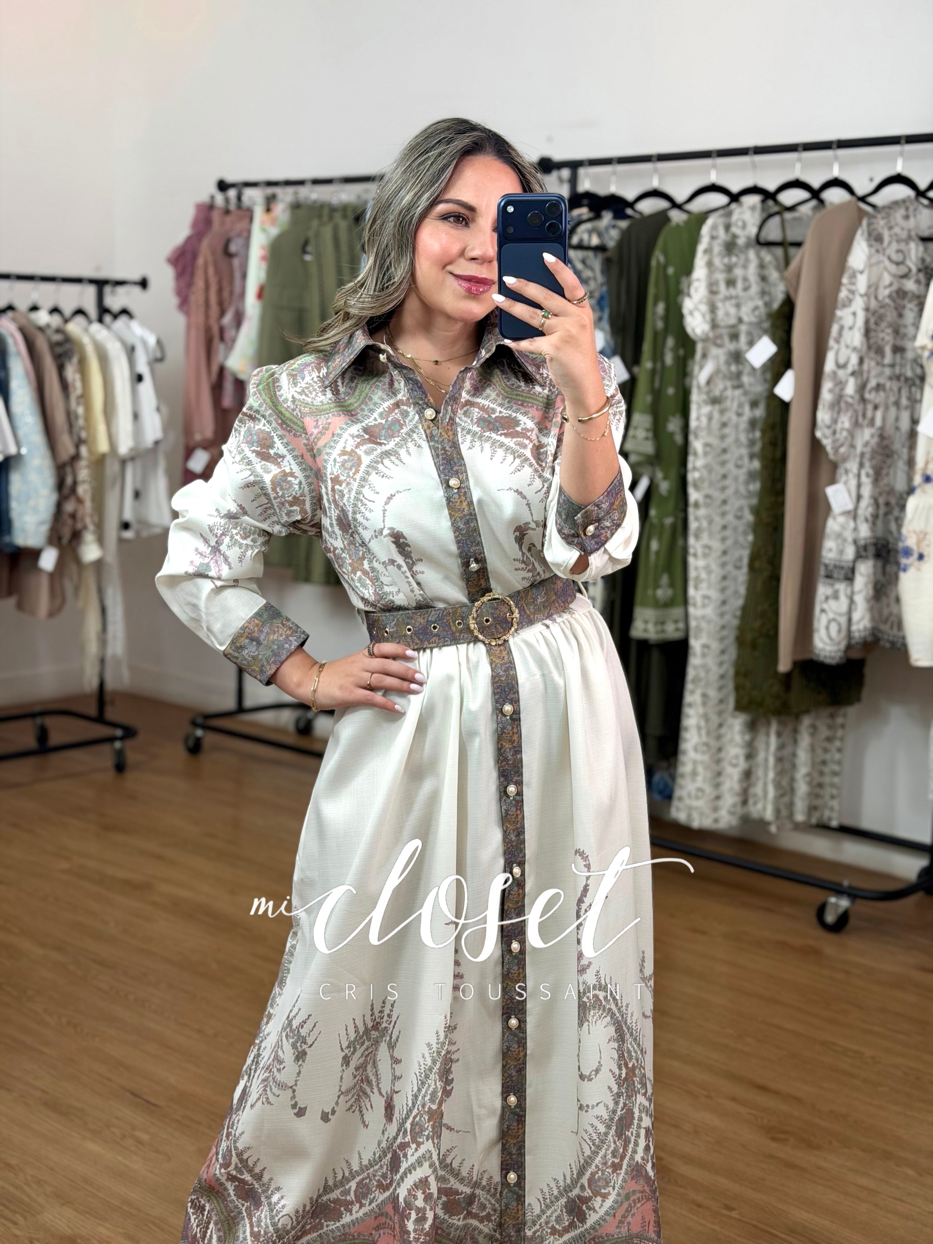 VESTIDO MANGA GLOBO CON ESTAMPADO (CON CINTURÓN Y BOLSAS)