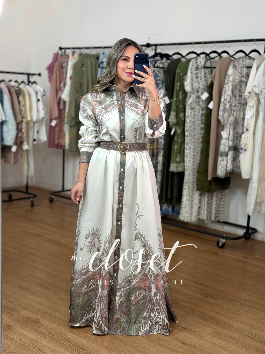 VESTIDO MANGA GLOBO CON ESTAMPADO (CON CINTURÓN Y BOLSAS)
