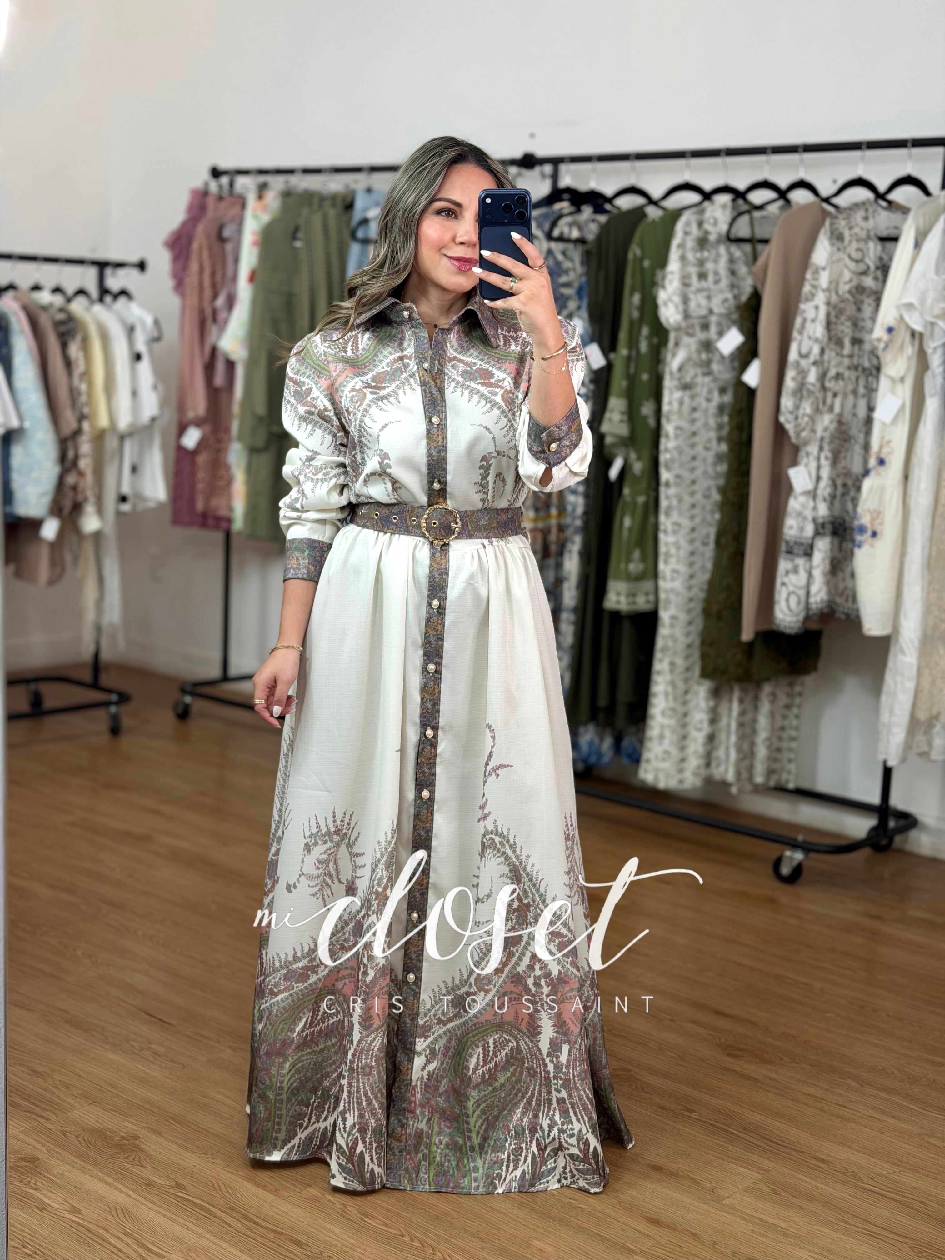 VESTIDO MANGA GLOBO CON ESTAMPADO (CON CINTURÓN Y BOLSAS)