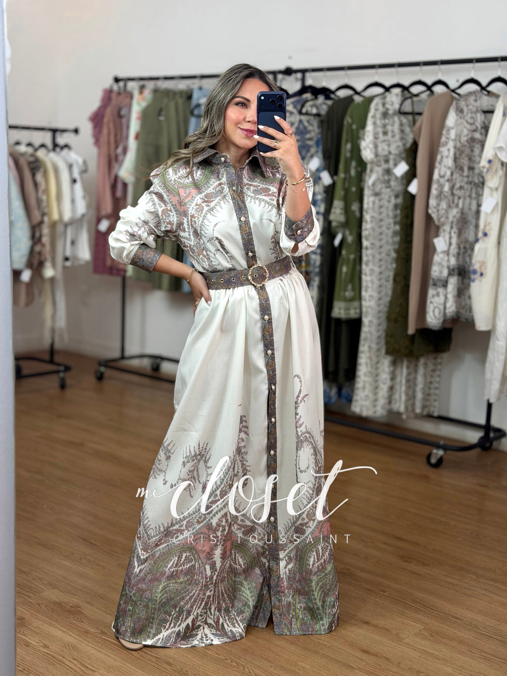 VESTIDO MANGA GLOBO CON ESTAMPADO (CON CINTURÓN Y BOLSAS)