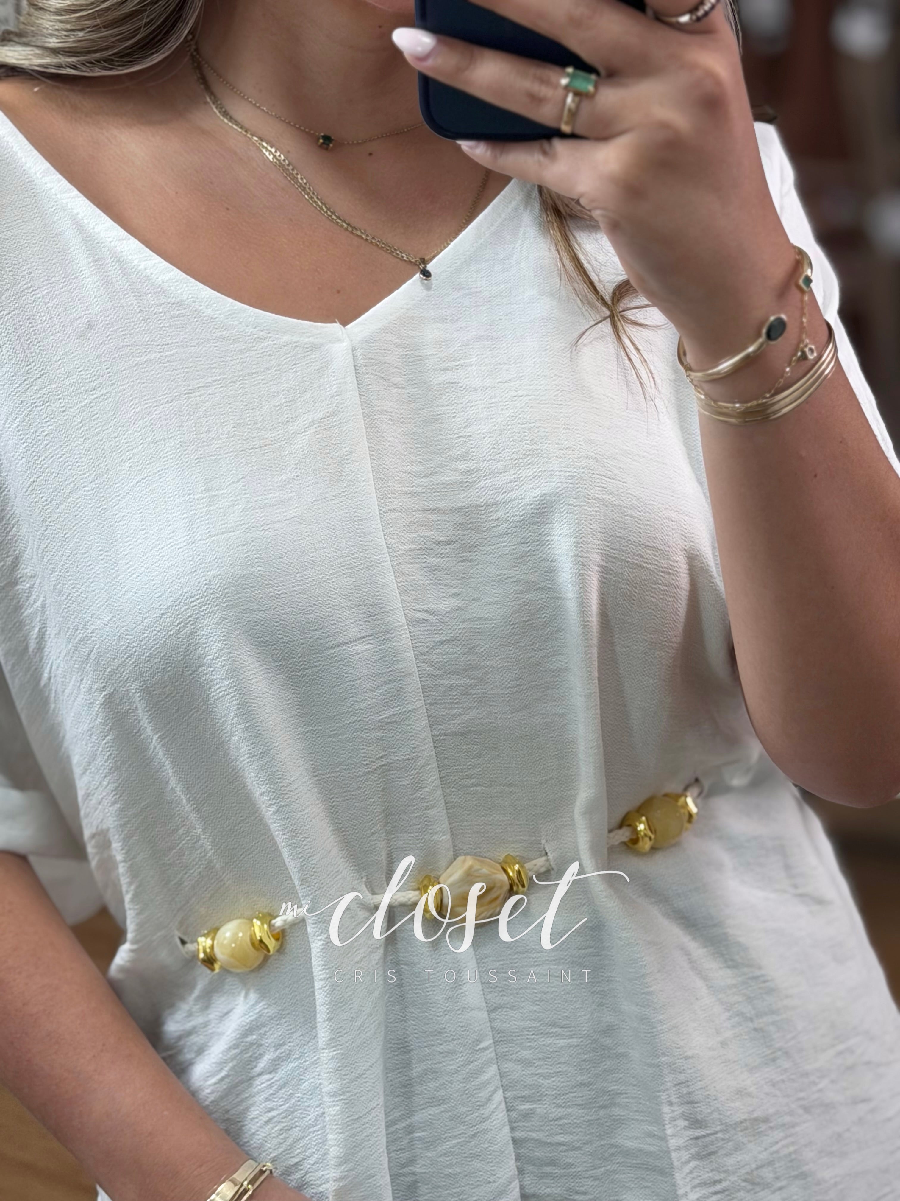 BLUSA AMPLIA LIGERA TIPO LINO CON CORDÓN AJUSTABLE EN CINTURA Y PIEDRAS