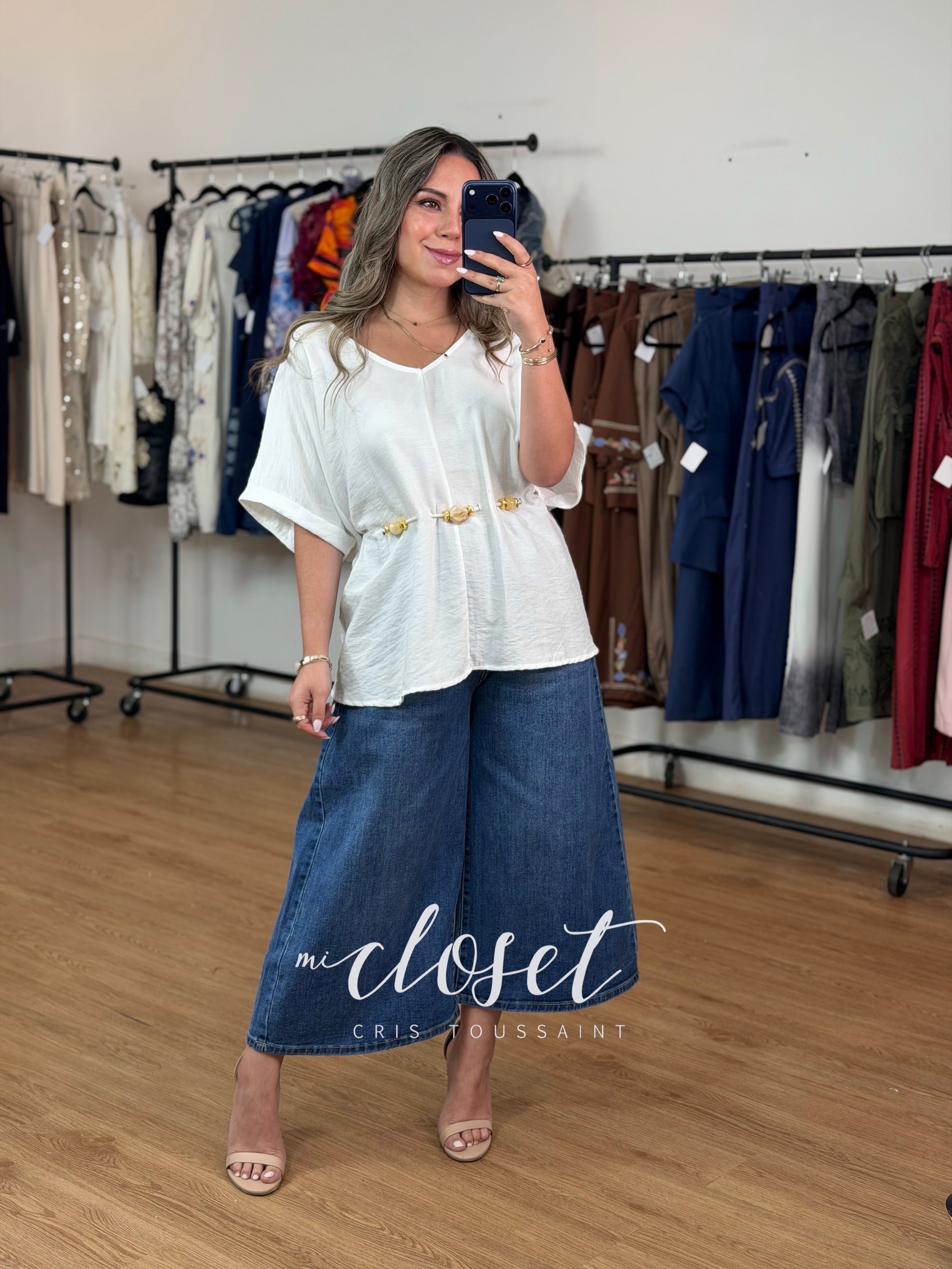 BLUSA AMPLIA LIGERA TIPO LINO CON CORDÓN AJUSTABLE EN CINTURA Y PIEDRAS