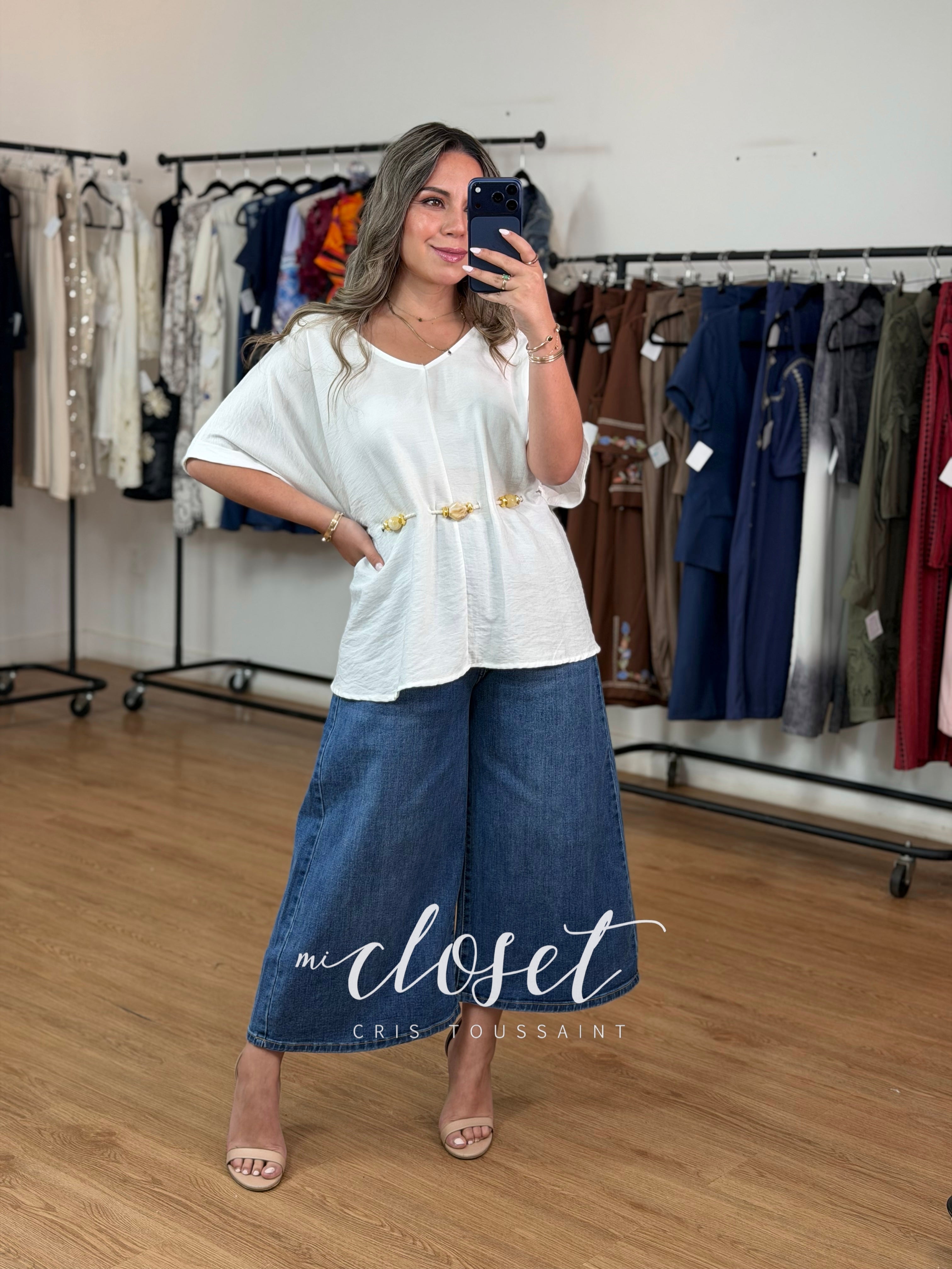 BLUSA AMPLIA LIGERA TIPO LINO CON CORDÓN AJUSTABLE EN CINTURA Y PIEDRAS