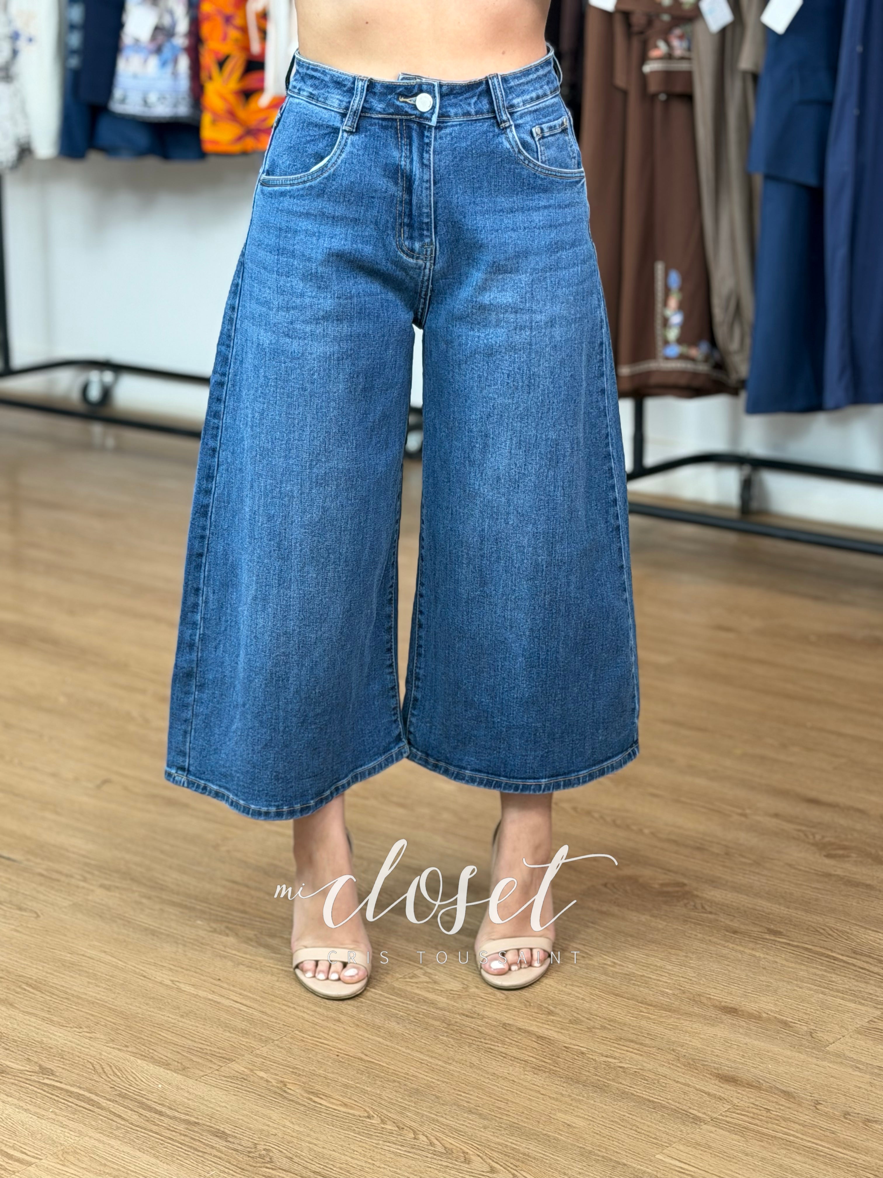 JEANS PALAZZO CROPPED, STRETCH DE MEZCLILLA ACAMPANADA Y LARGA