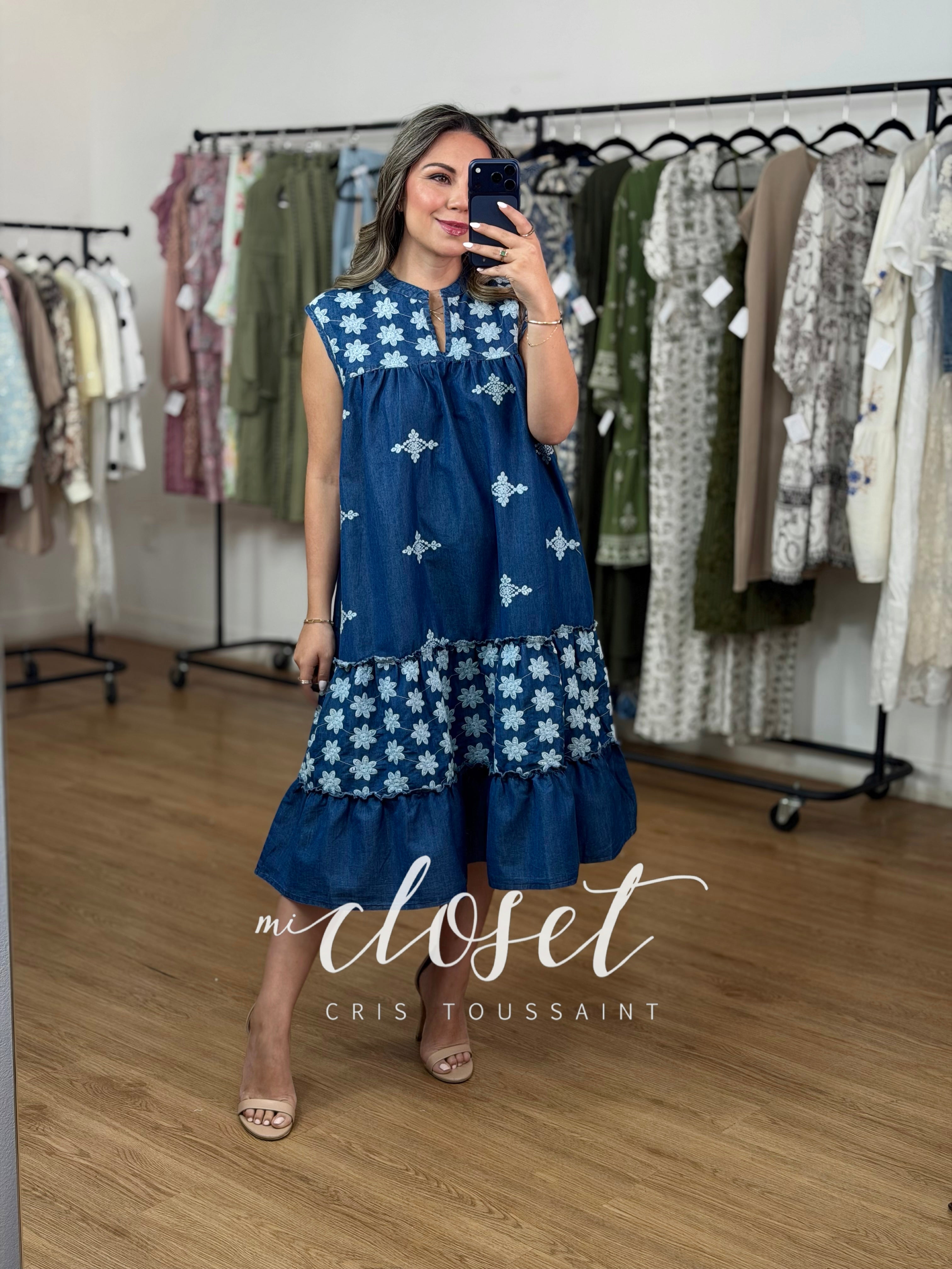 VESTIDO LIGERO TELA MEZCLILLA CON ESTAMPADO TEXTURIZADO