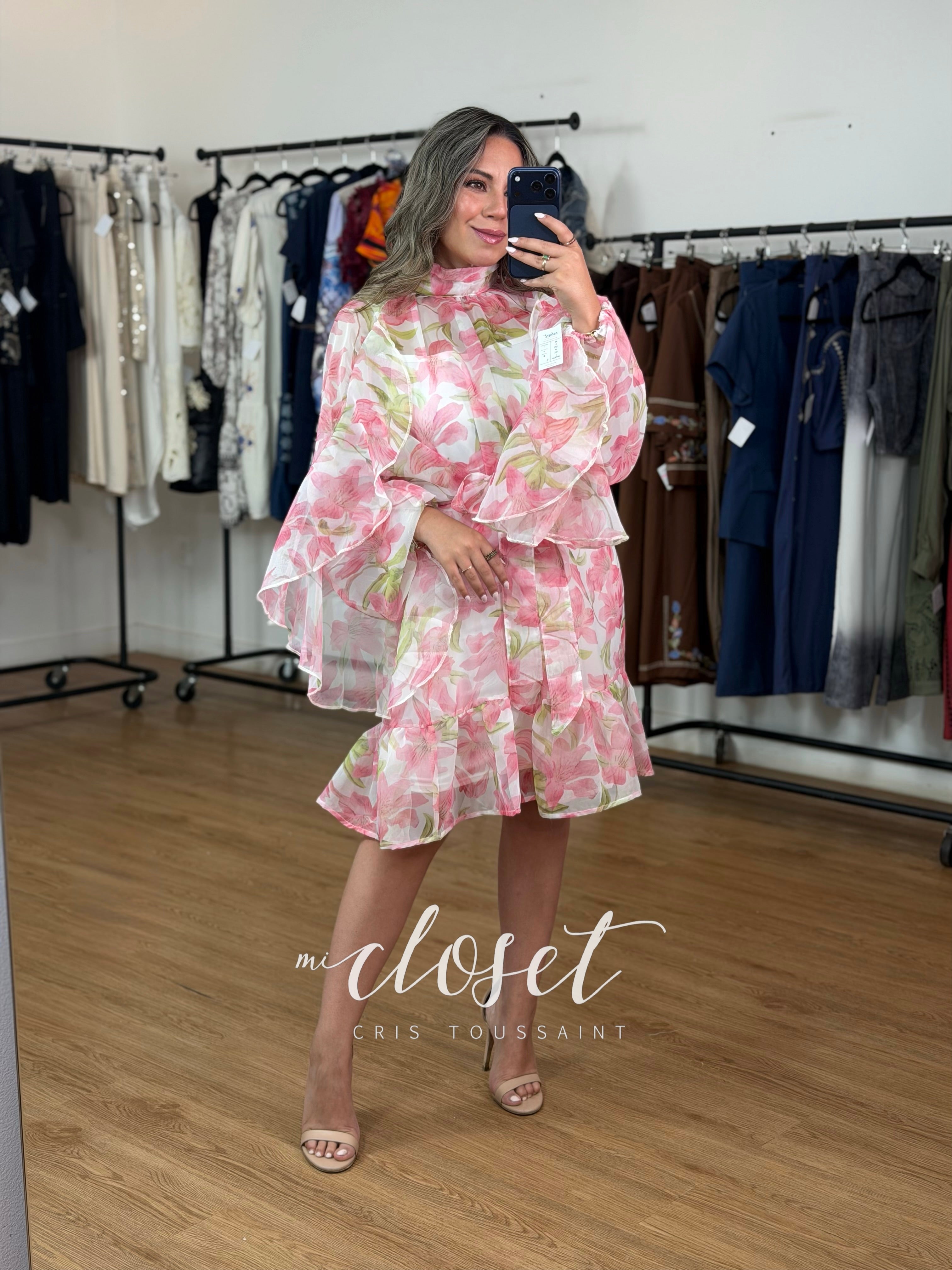 VESTIDO LIGERO VAPOROSO (CON FORRO ABAJO), MANGA TIPO GLOBO Y CINTA AJUSTABLE