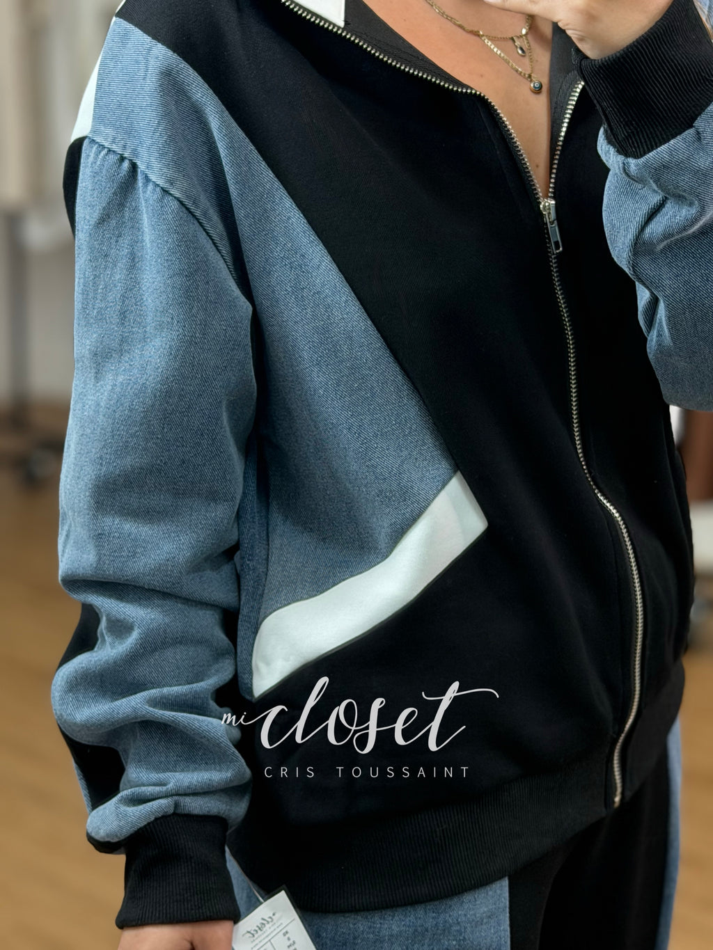 CONJUNTO DE PANTS CON MEZCLILLA, PANTALÓN Y CHAMARRA