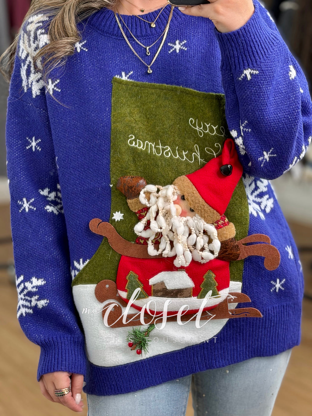 SWEATER NAVIDEÑO CON SANTA CLAUS EN 3D Y CASCABEL