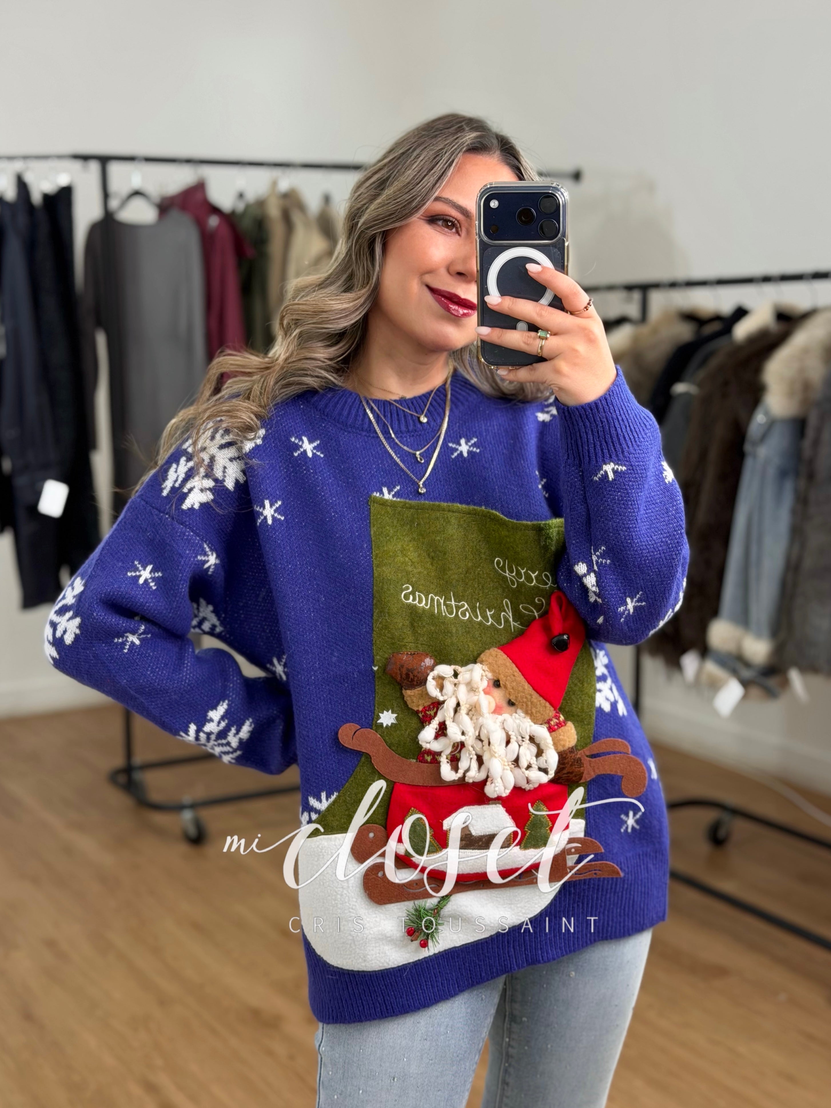 SWEATER NAVIDEÑO CON SANTA CLAUS EN 3D Y CASCABEL