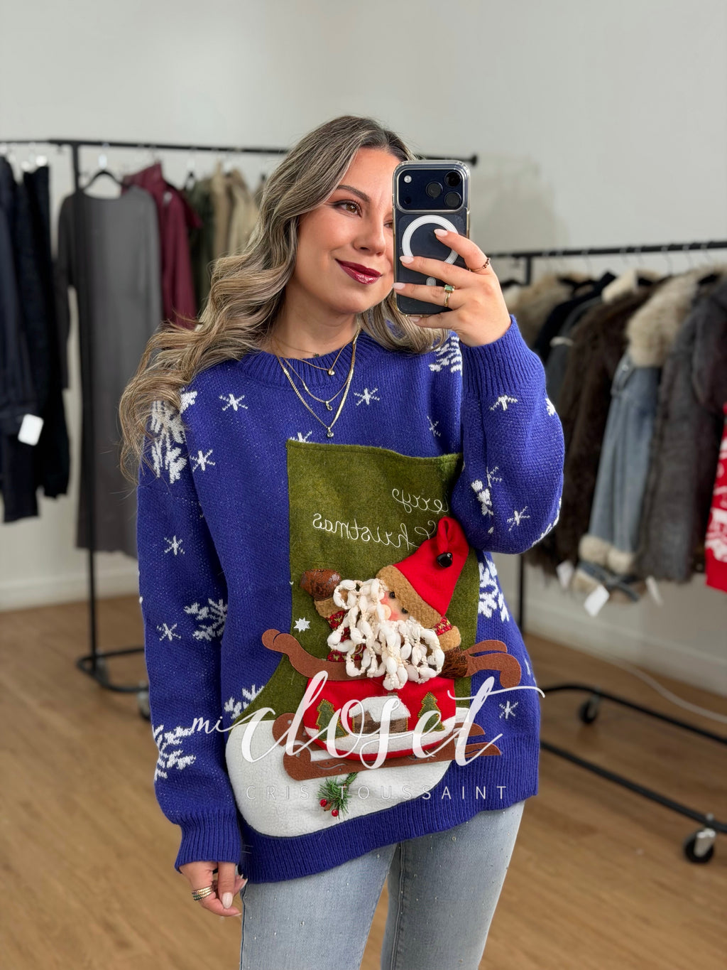 SWEATER NAVIDEÑO CON SANTA CLAUS EN 3D Y CASCABEL