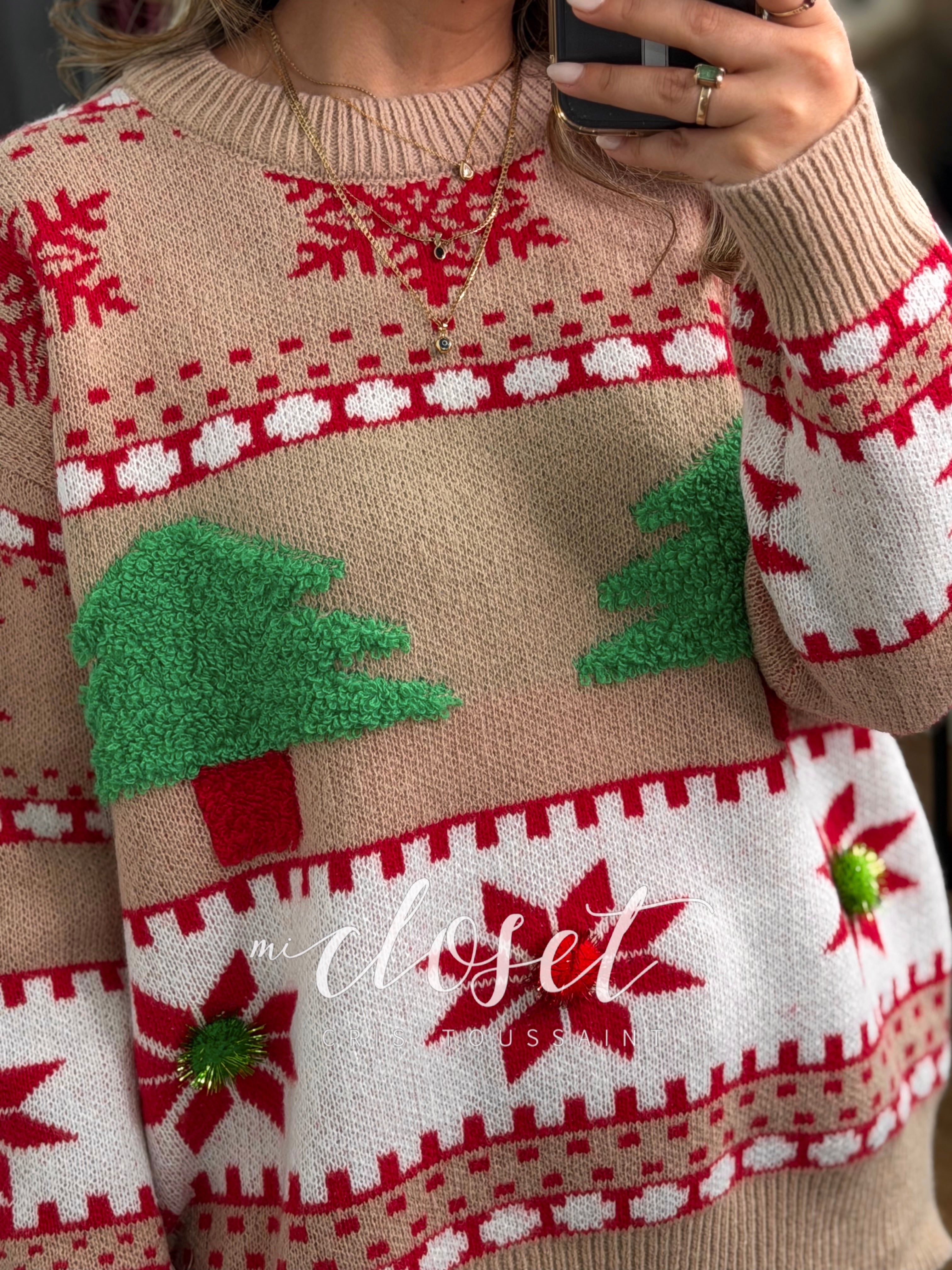 SWEATER NAVIDEÑO CON PUÑOS TEXTURIZADOS Y POMPONES