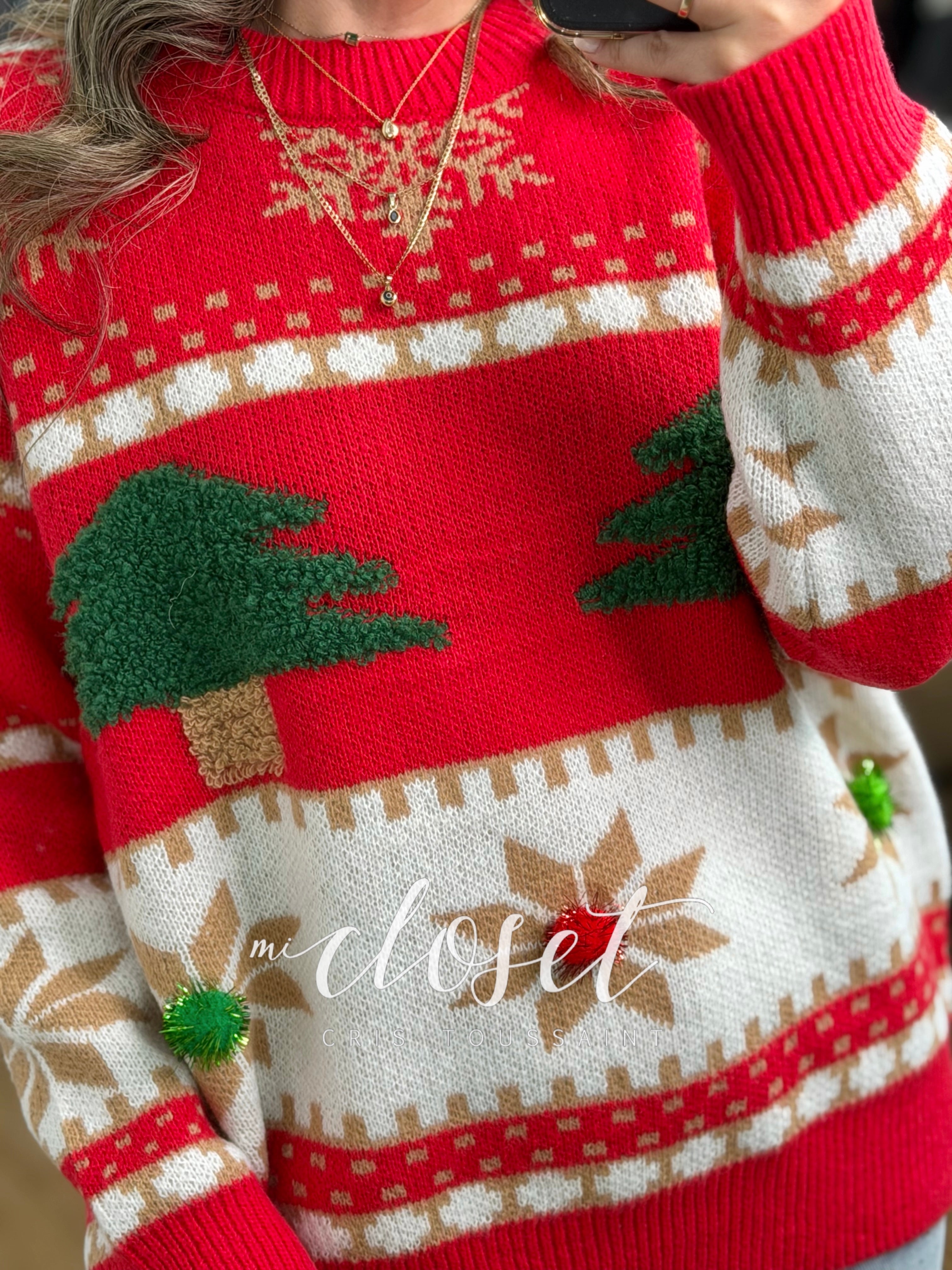 SWEATER NAVIDEÑO CON PUÑOS TEXTURIZADOS Y POMPONES