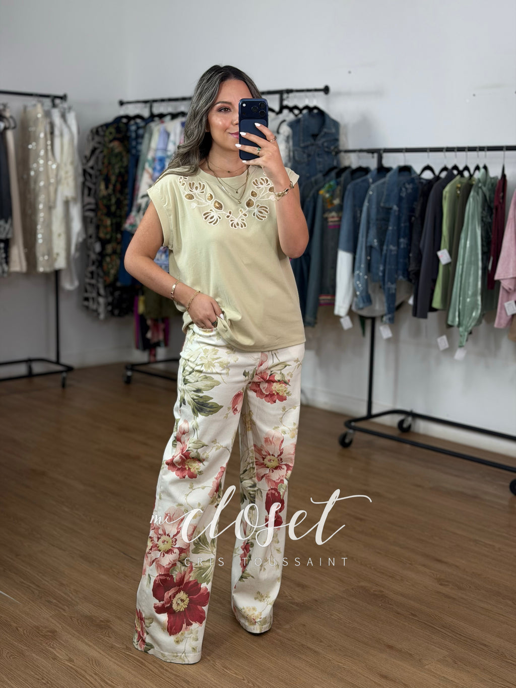 JEANS STRETCH RECTOS, ESTAMPADO DE FLORES