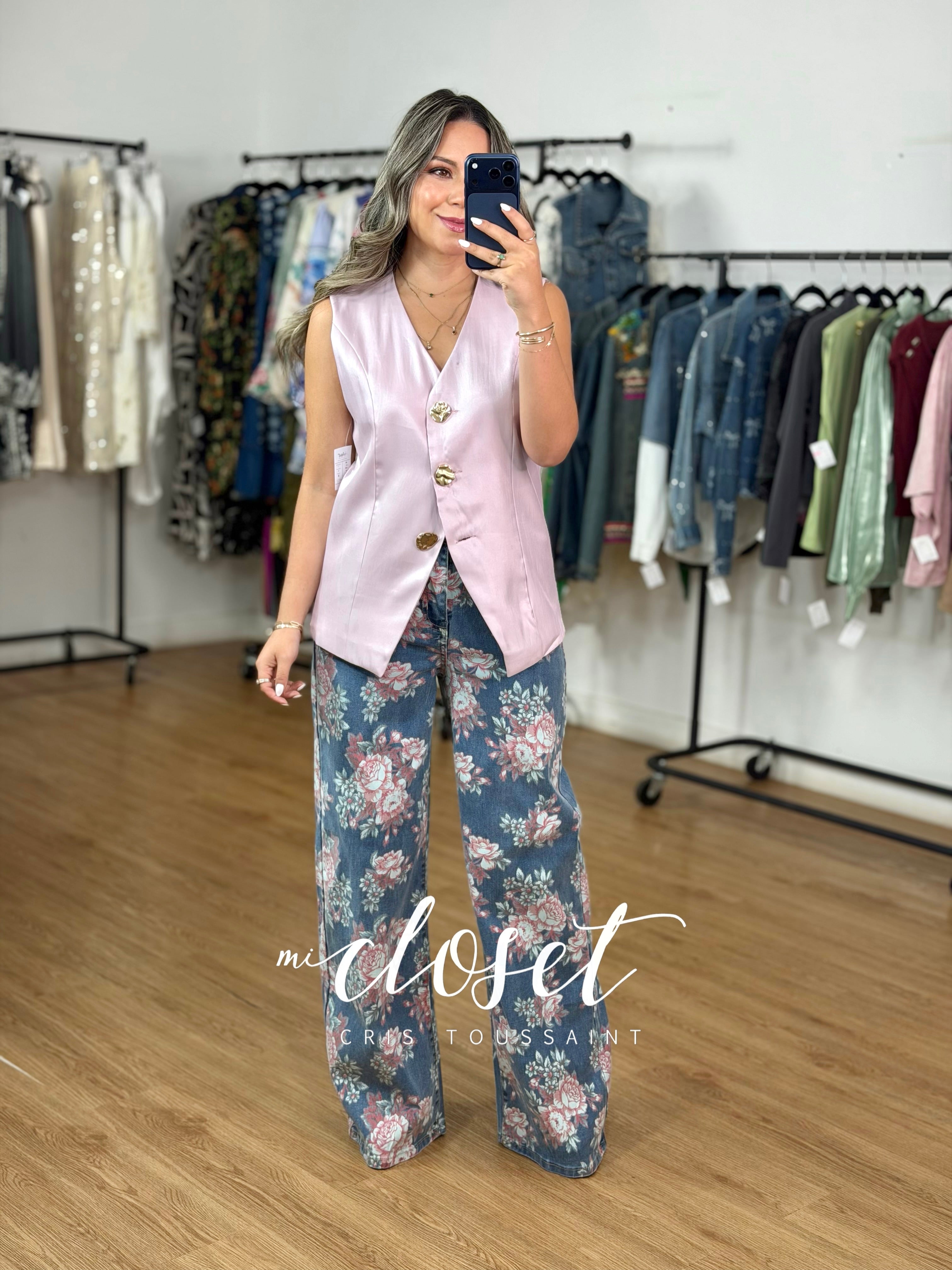 JEANS WIDE LEG TIRO ALTO CON ESTAMPADO DE FLORES