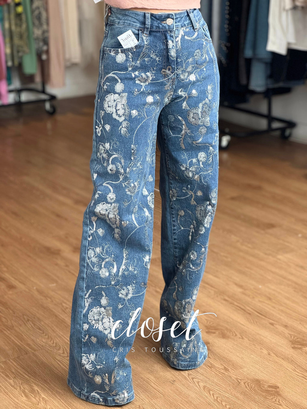 JEANS FLARE, STRETCH BORDADOS CON LENTEJUELA