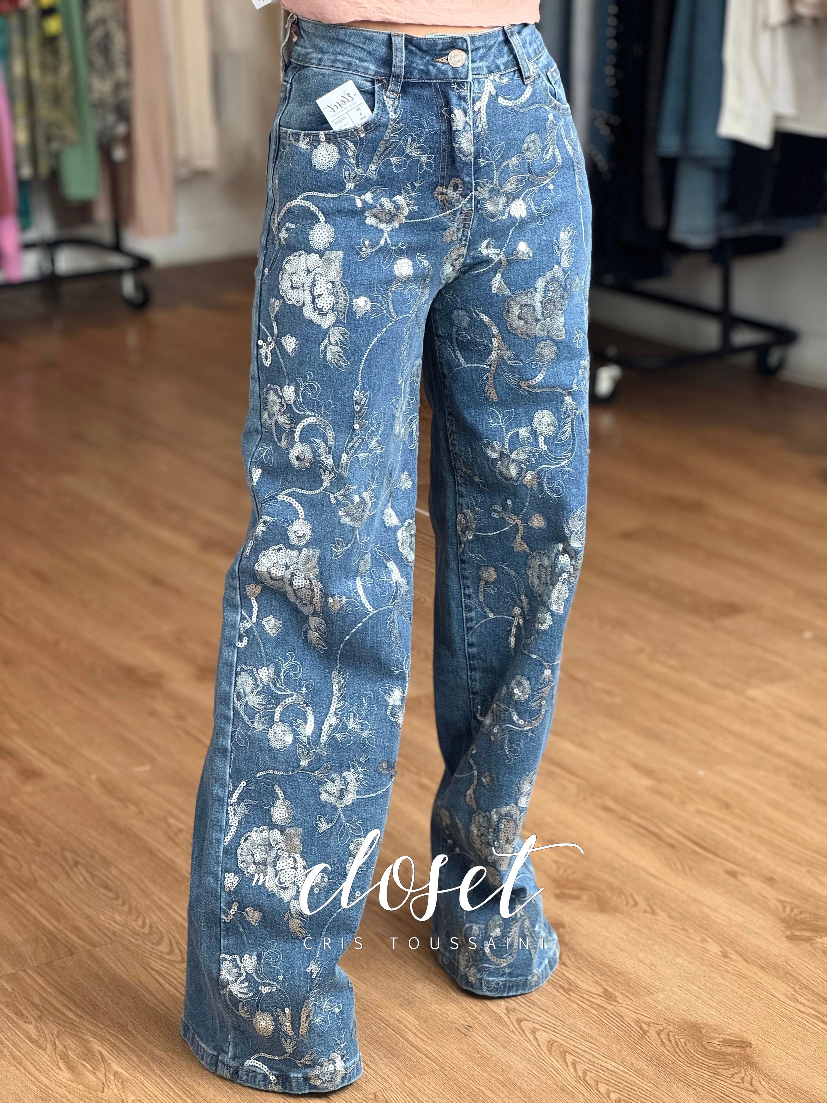 JEANS FLARE, STRETCH BORDADOS CON LENTEJUELA