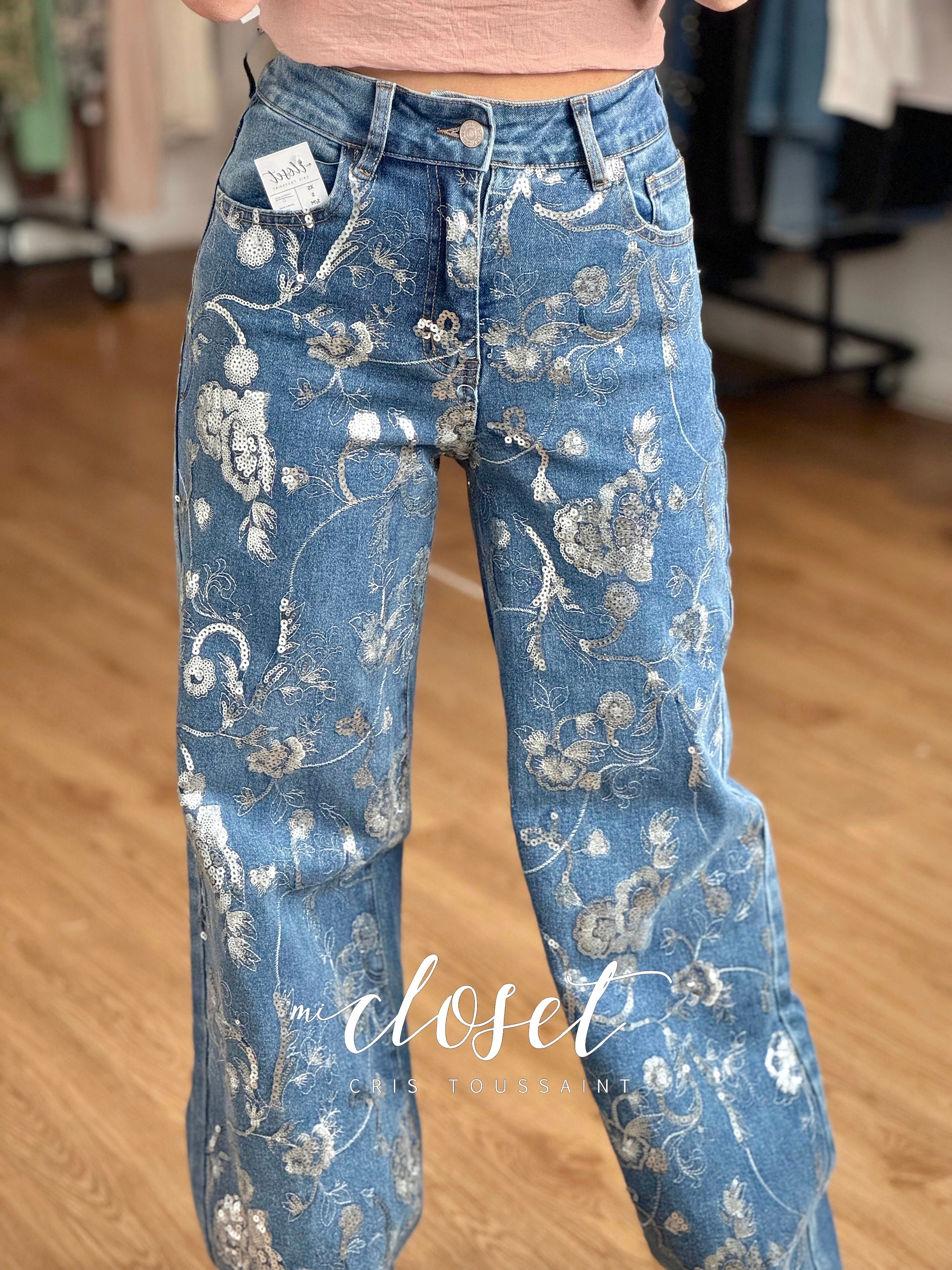 JEANS FLARE, STRETCH BORDADOS CON LENTEJUELA