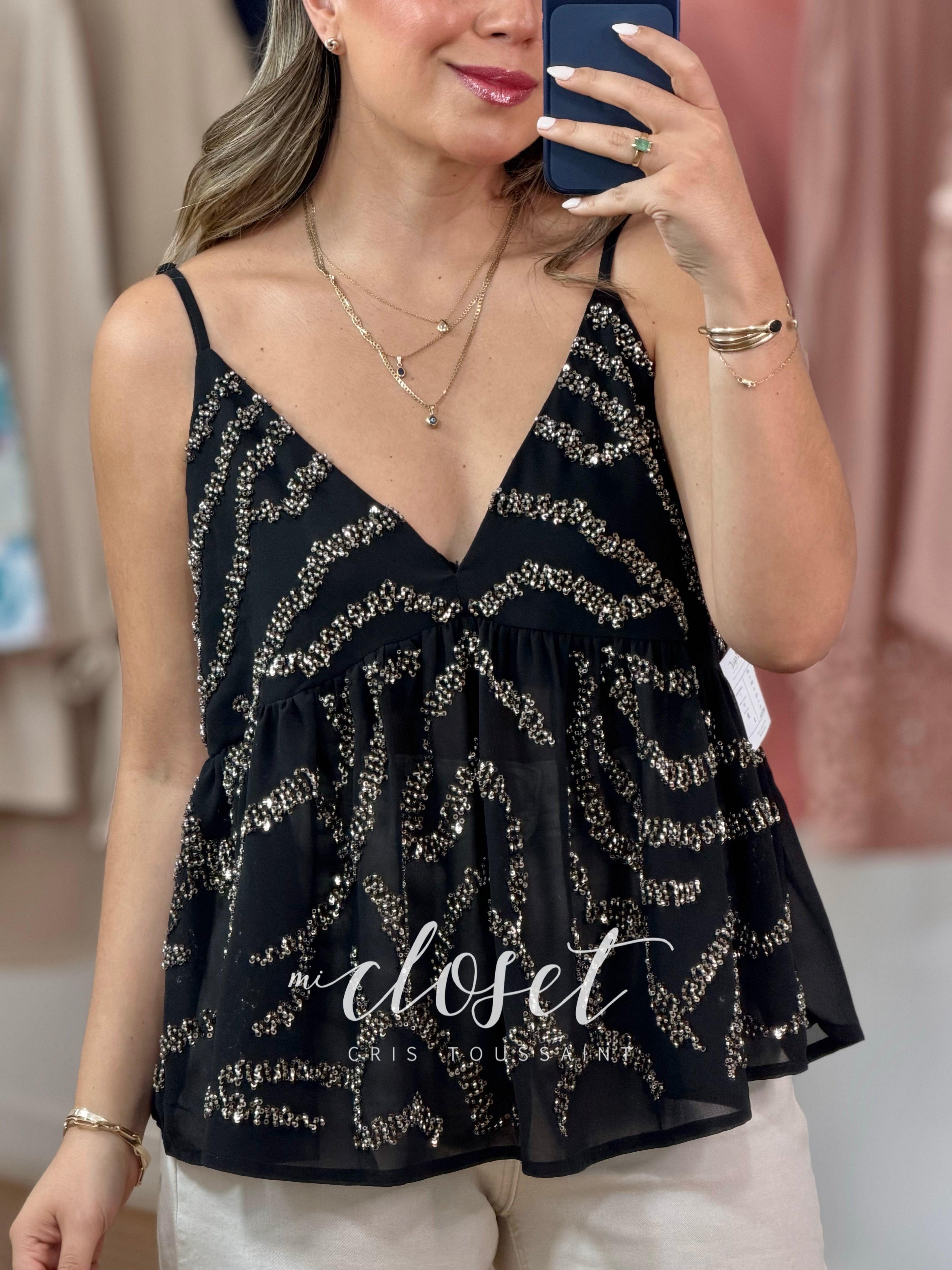 BLUSA DE TIRANTES SEMI TRANSPARENTE CON CHAQUIRA BORDADA
