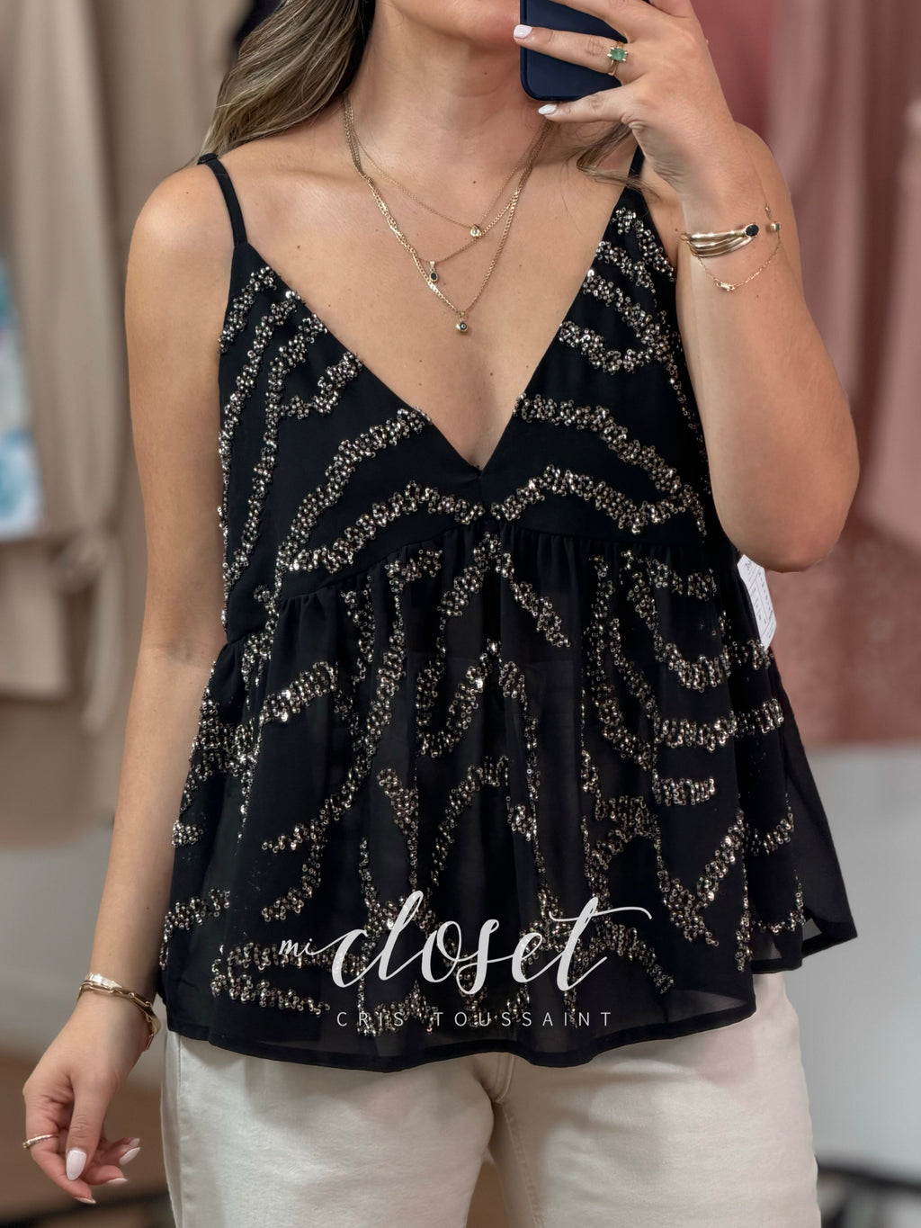 BLUSA DE TIRANTES SEMI TRANSPARENTE CON CHAQUIRA BORDADA