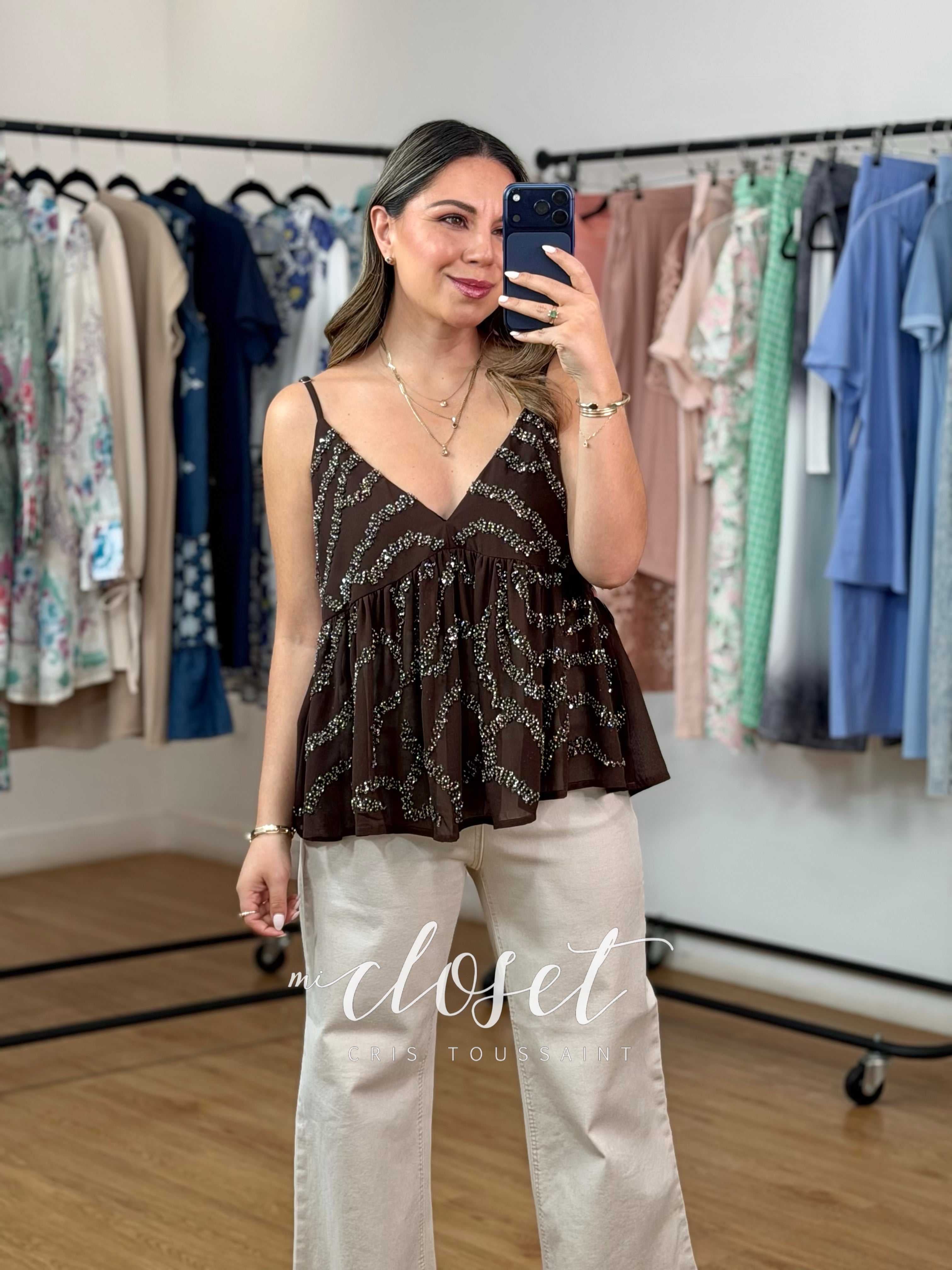 BLUSA DE TIRANTES SEMI TRANSPARENTE CON CHAQUIRA BORDADA