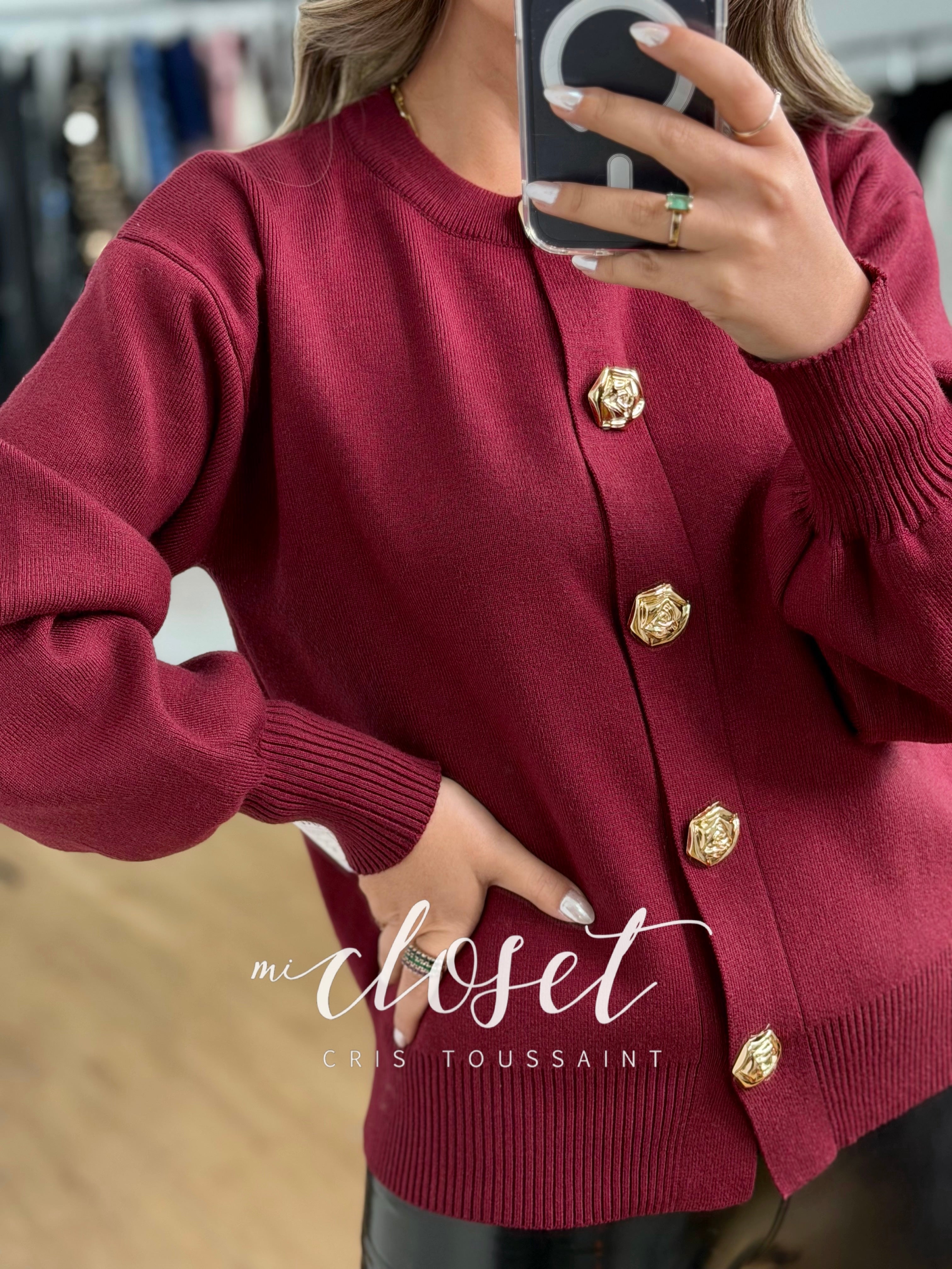SWEATER CON BOTONES DE FLOR DORADO, MANGA GLOBO