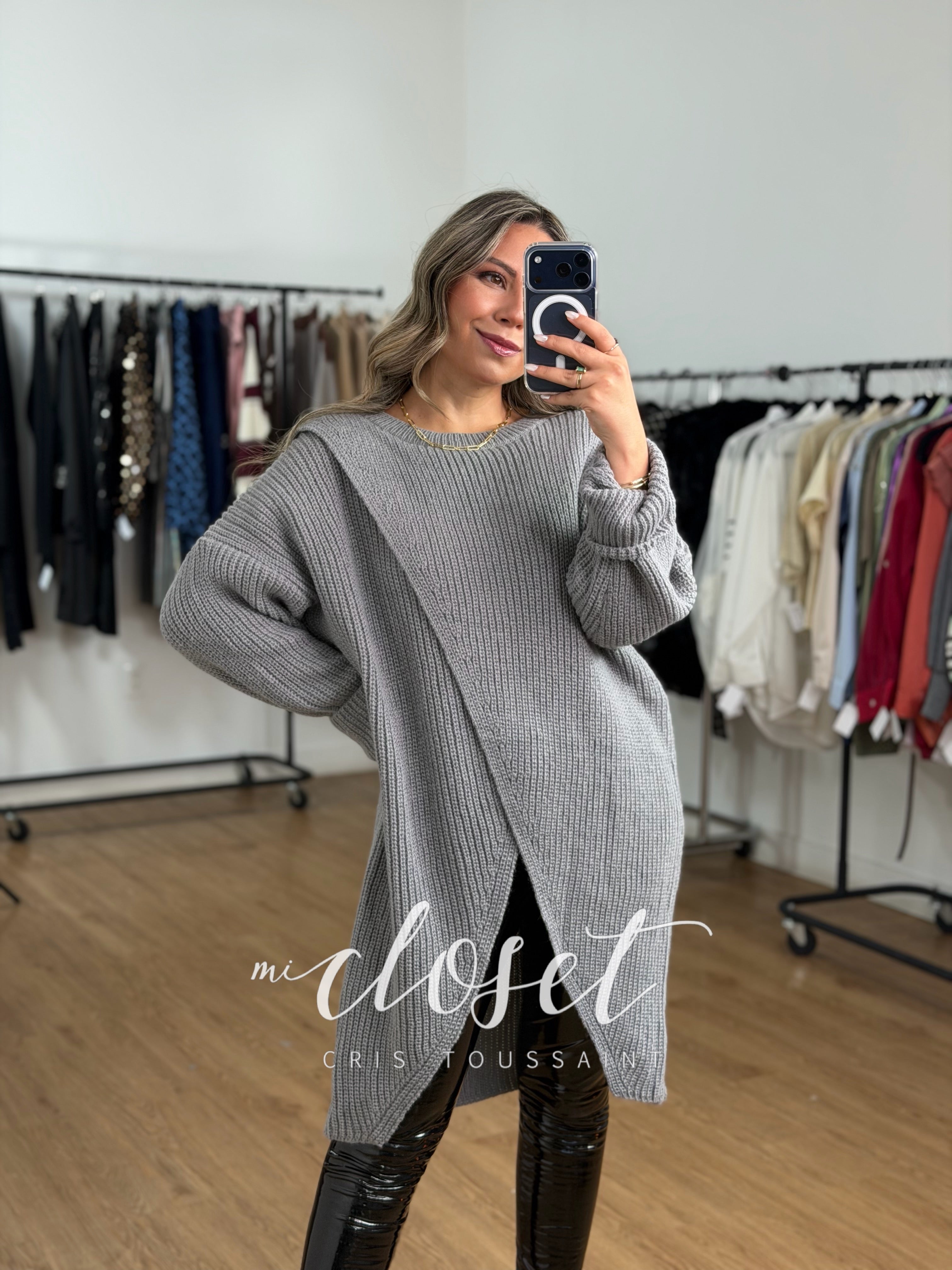 SWEATER TEJIDO TIPO CAPA LARGO CON ABERTURA EN FRENTE, SÚPER SUAVE